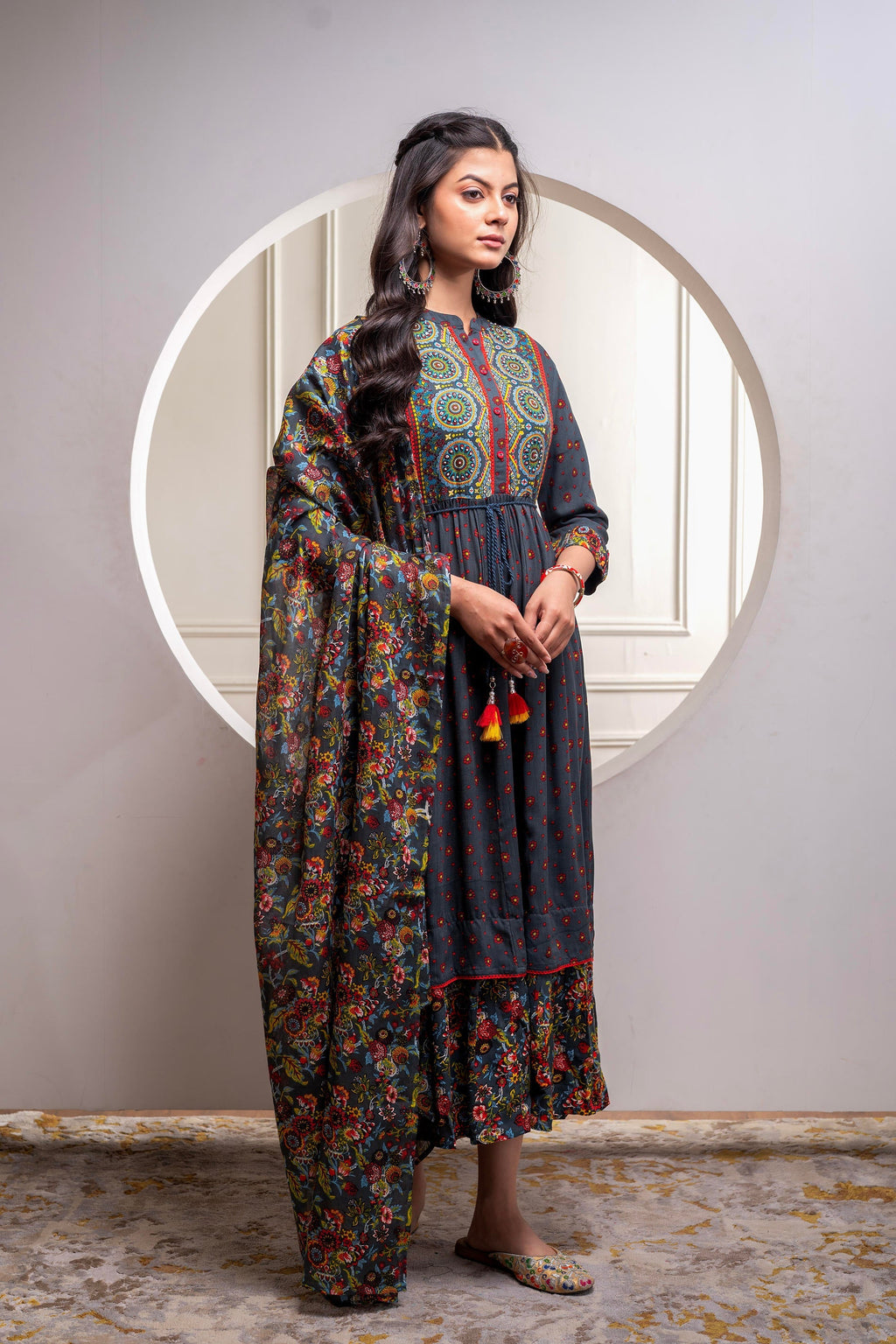 Juniper Grey Floral Viscose Long Dress With Dupatta And Dori, Sequence & Lace Work - Distacart