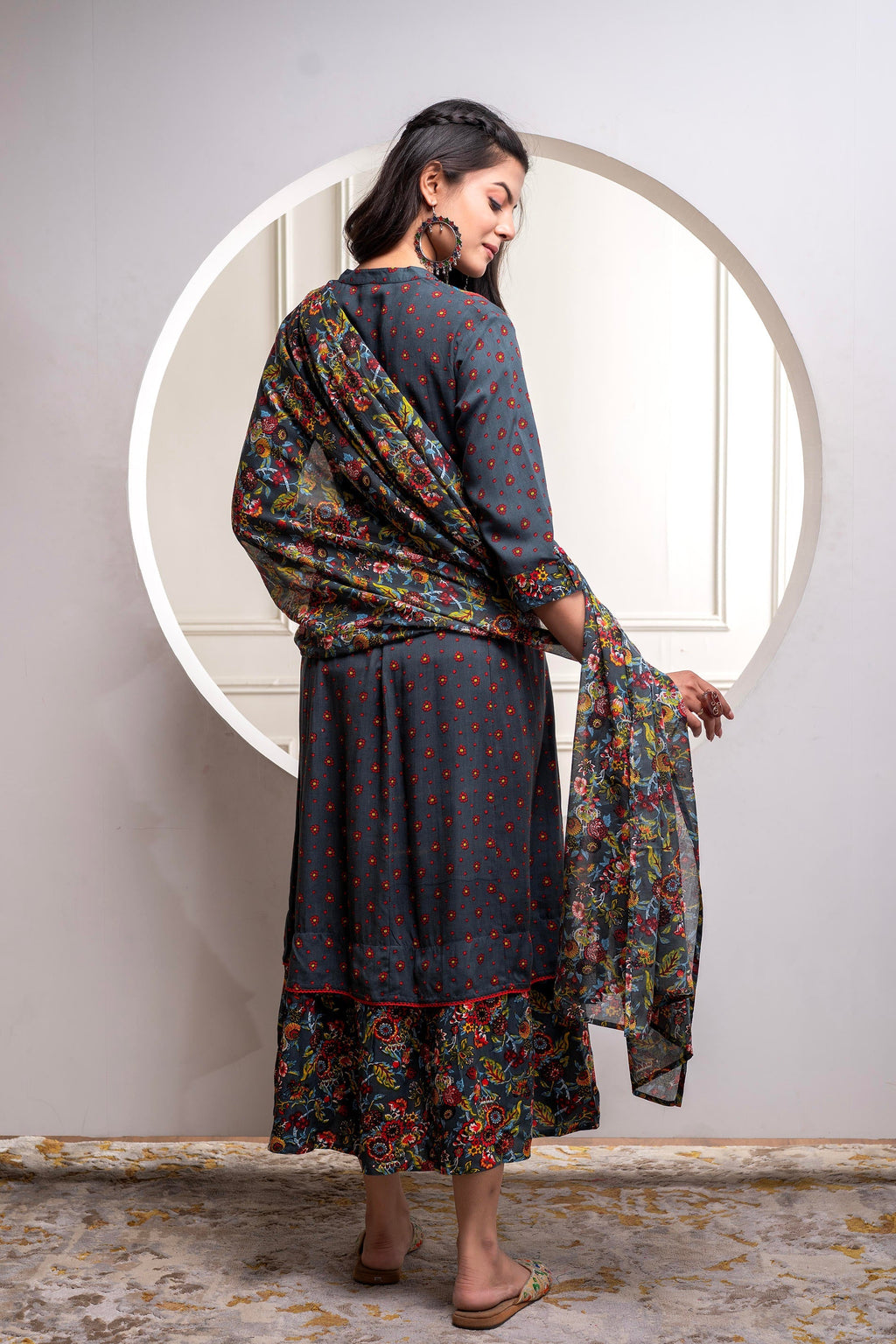 Juniper Grey Floral Viscose Long Dress With Dupatta And Dori, Sequence & Lace Work - Distacart