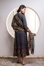 Juniper Grey Floral Viscose Long Dress With Dupatta And Dori, Sequence & Lace Work - Distacart