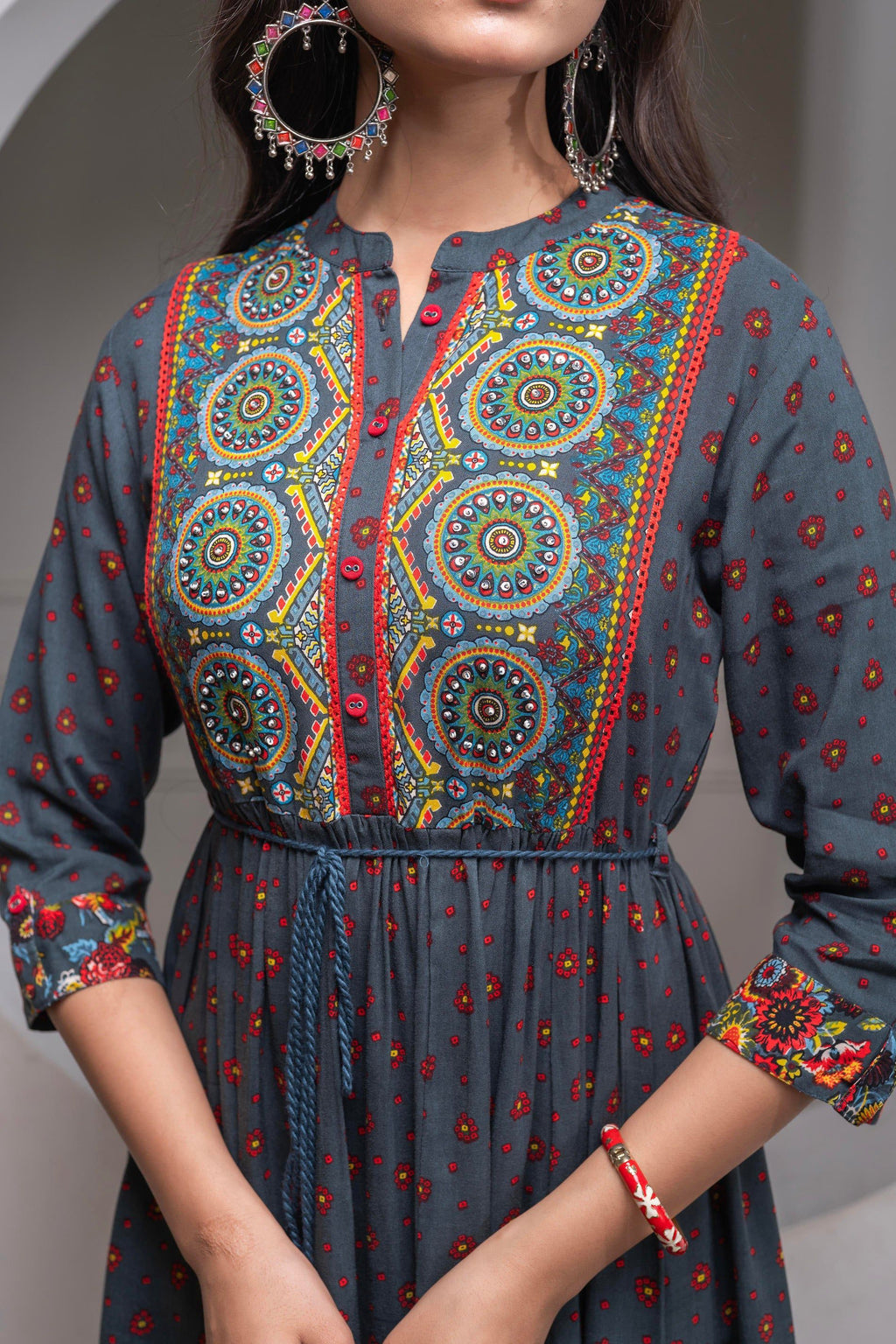 Juniper Grey Floral Viscose Long Dress With Dupatta And Dori, Sequence & Lace Work - Distacart