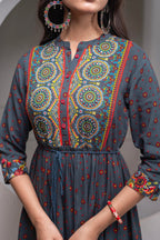 Juniper Grey Floral Viscose Long Dress With Dupatta And Dori, Sequence & Lace Work - Distacart