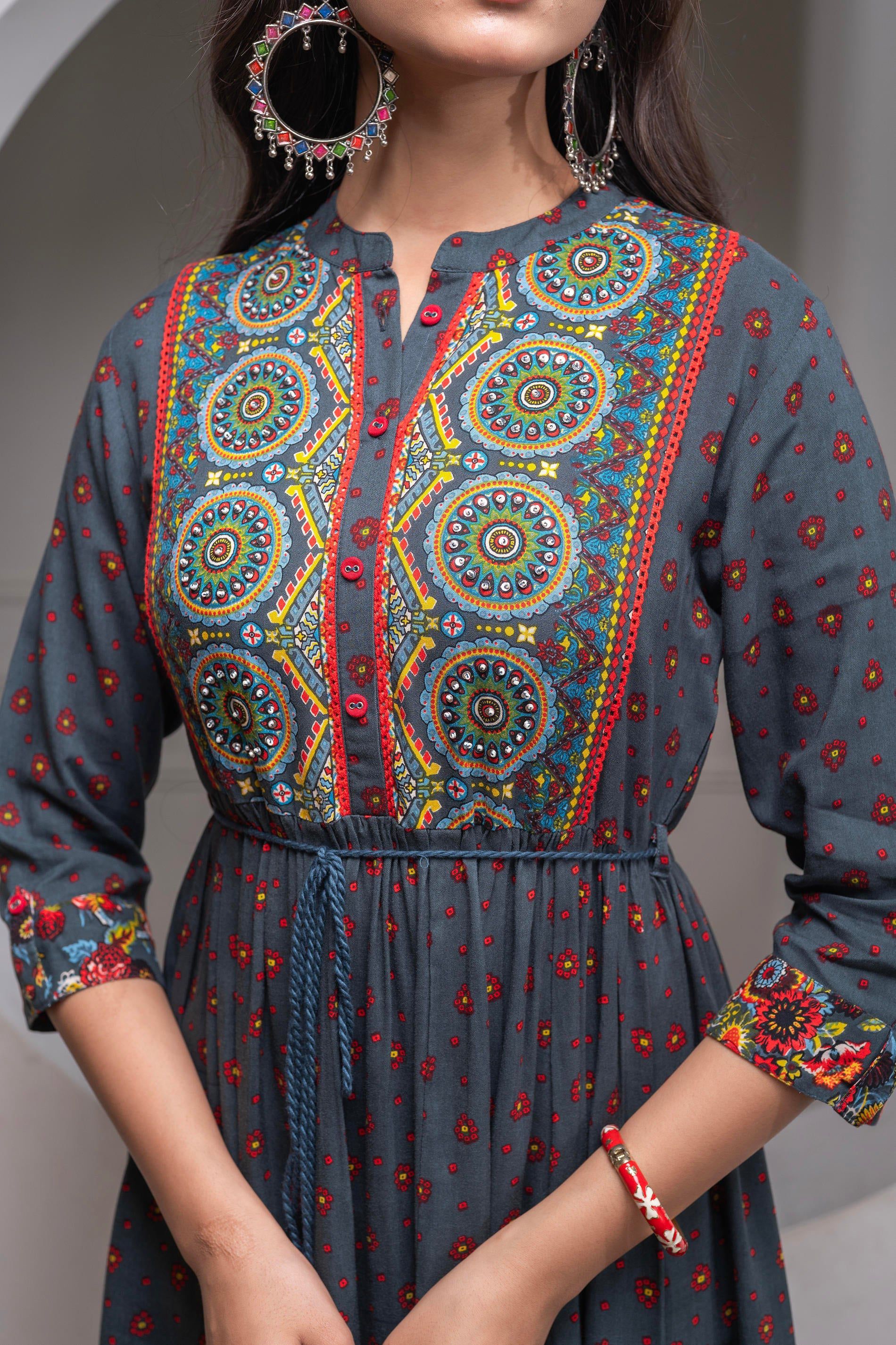 Juniper Grey Floral Viscose Long Dress With Dupatta And Dori, Sequence & Lace Work - Distacart