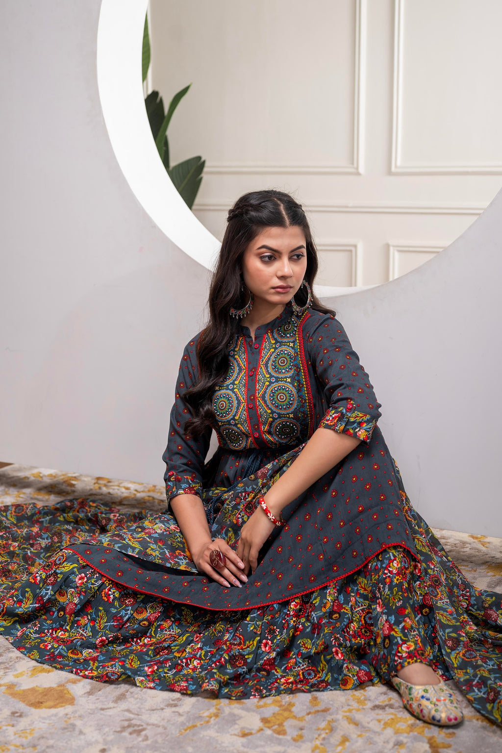 Juniper Grey Floral Viscose Long Dress With Dupatta And Dori, Sequence & Lace Work - Distacart