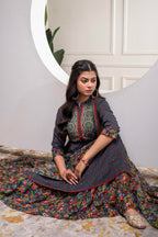Juniper Grey Floral Viscose Long Dress With Dupatta And Dori, Sequence & Lace Work - Distacart