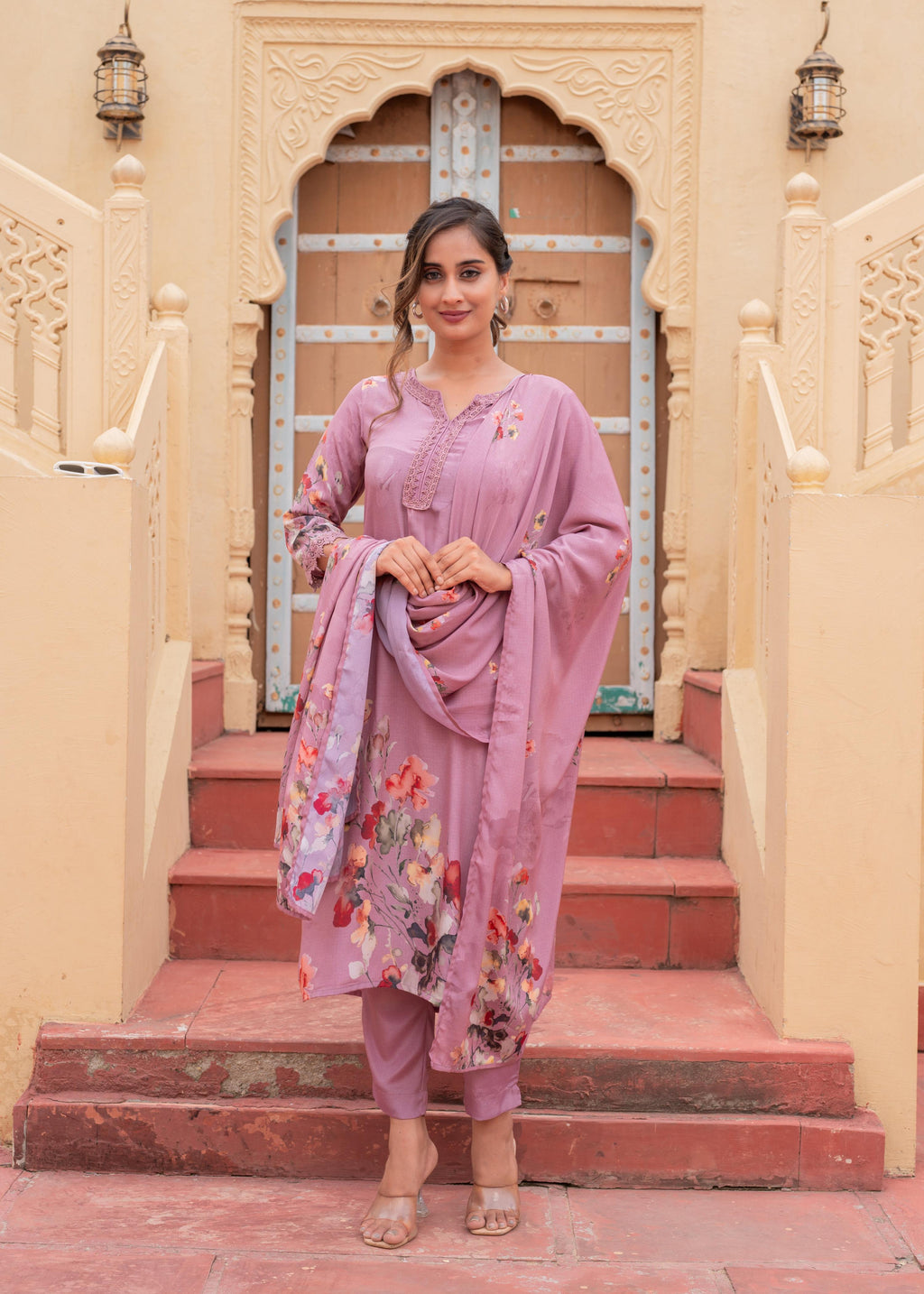 Juniper Mauve Man Made Fiber Floral Printed Kurta With Pants & Dupatta Set With Lace Work - Distacart