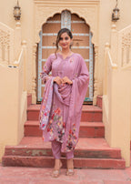 Juniper Mauve Man Made Fiber Floral Printed Kurta With Pants & Dupatta Set With Lace Work - Distacart