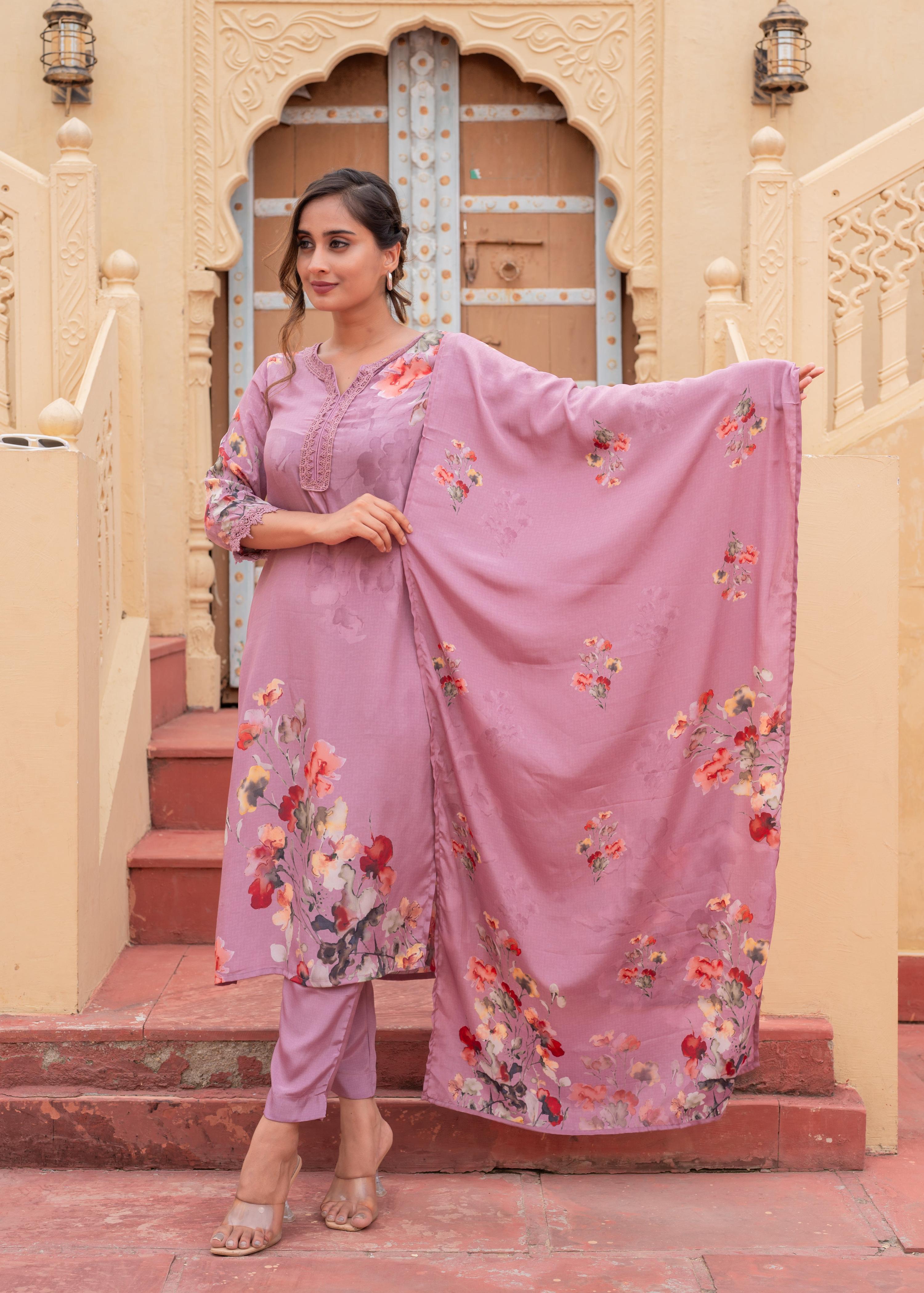 Juniper Mauve Man Made Fiber Floral Printed Kurta With Pants & Dupatta Set With Lace Work - Distacart