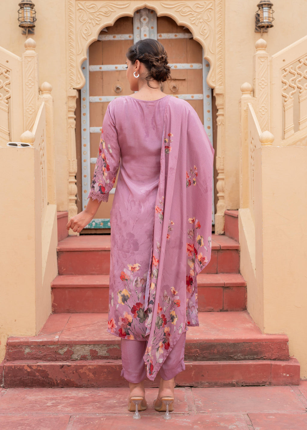 Juniper Mauve Man Made Fiber Floral Printed Kurta With Pants & Dupatta Set With Lace Work - Distacart
