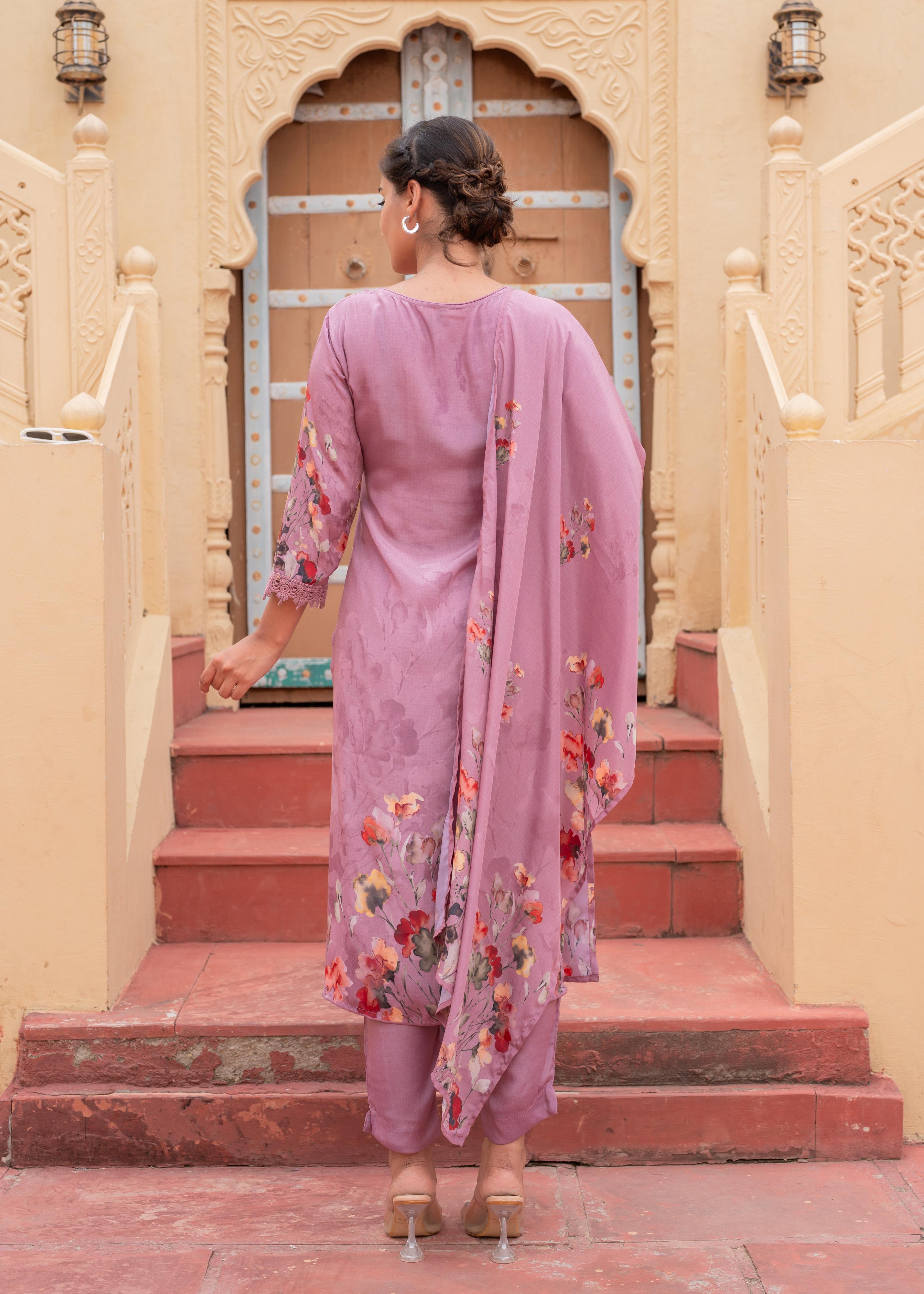 Juniper Mauve Man Made Fiber Floral Printed Kurta With Pants & Dupatta Set With Lace Work - Distacart