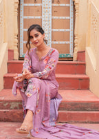 Juniper Mauve Man Made Fiber Floral Printed Kurta With Pants & Dupatta Set With Lace Work - Distacart