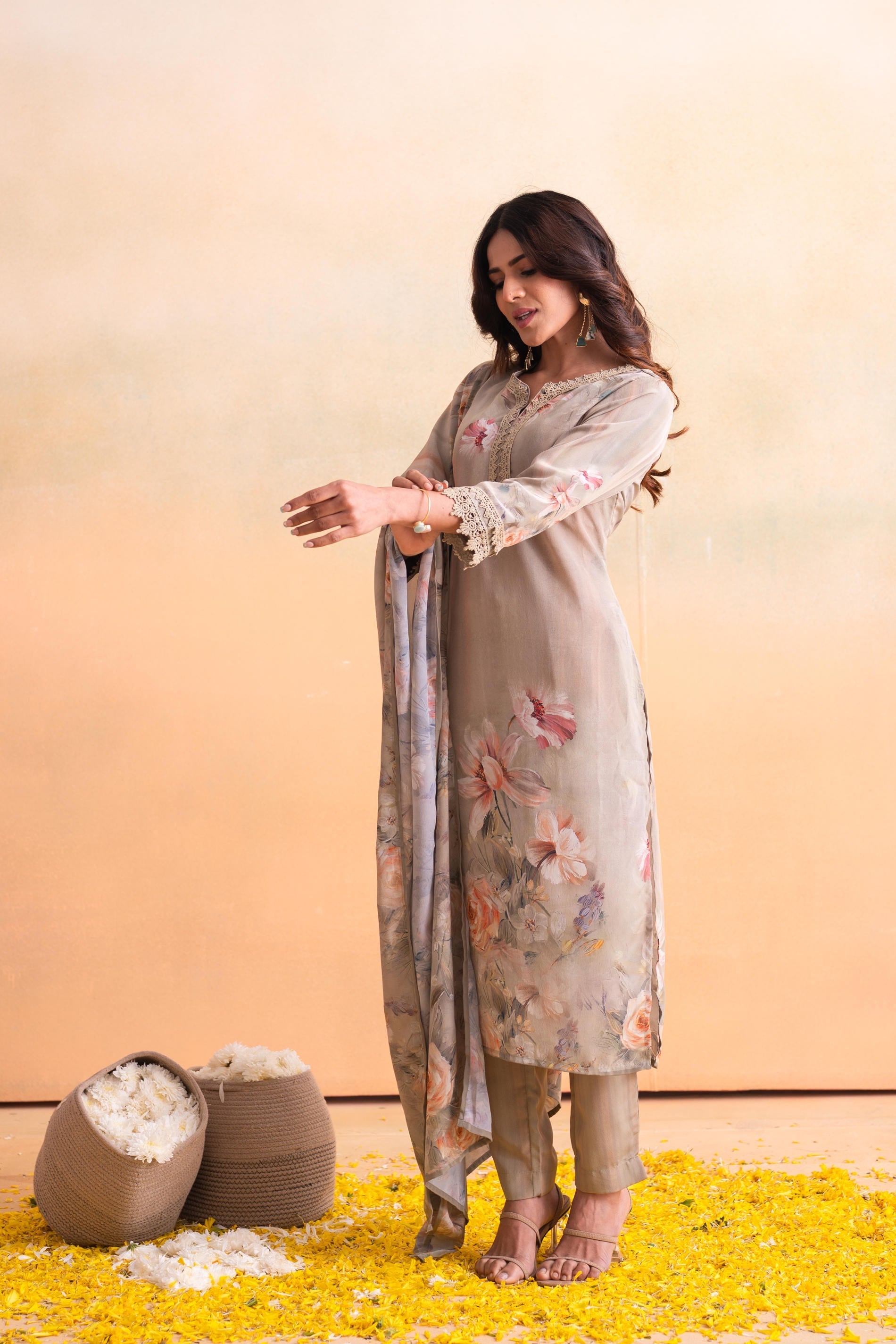 Juniper Beige Floral Embellished A-Line Kurta Pant And Dupatta Set With Beads & Sequence Work - Distacart