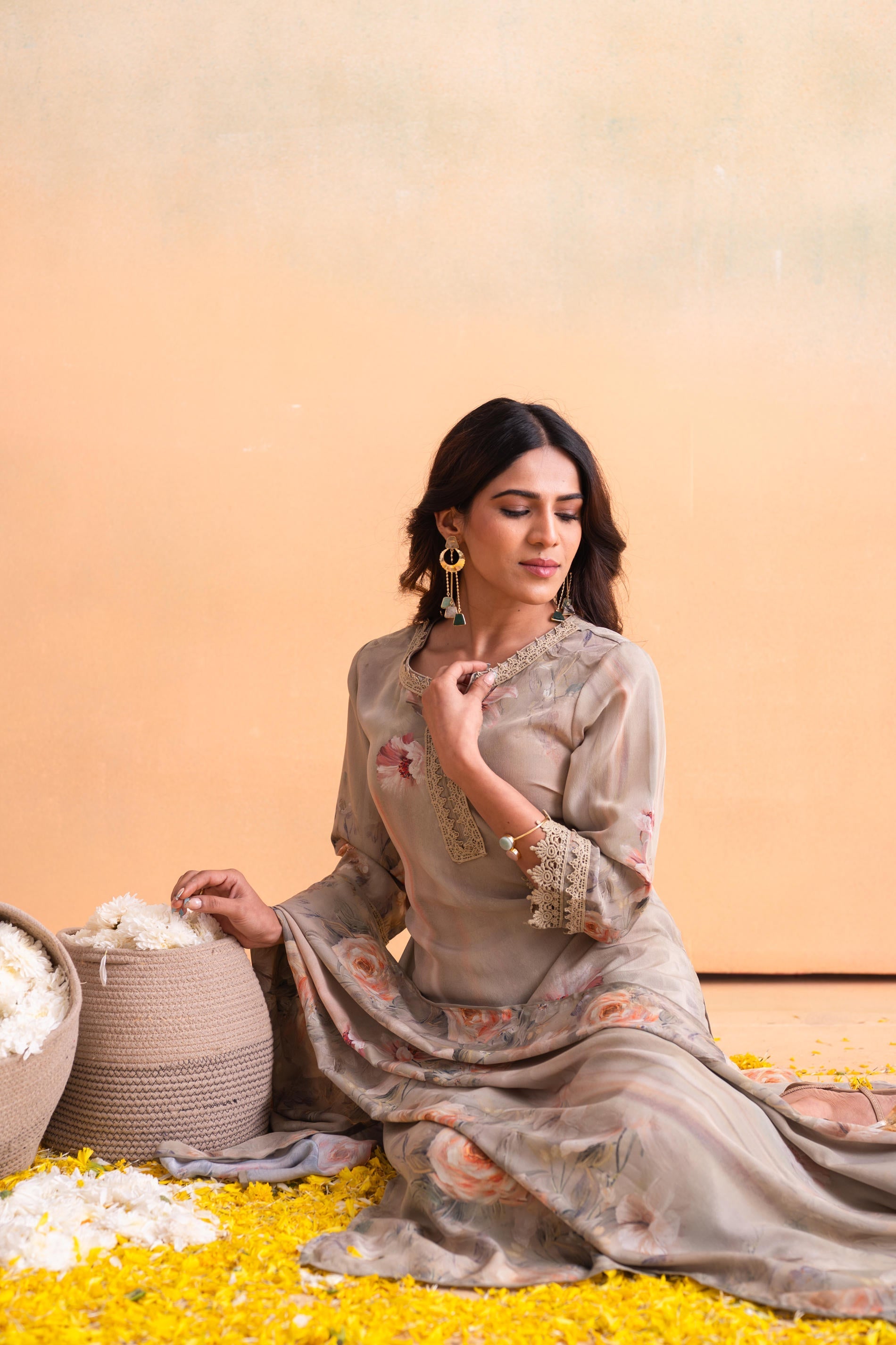 Juniper Beige Floral Embellished A-Line Kurta Pant And Dupatta Set With Beads & Sequence Work - Distacart