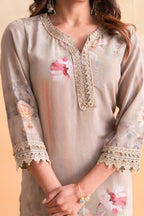 Juniper Beige Floral Embellished A-Line Kurta Pant And Dupatta Set With Beads & Sequence Work - Distacart