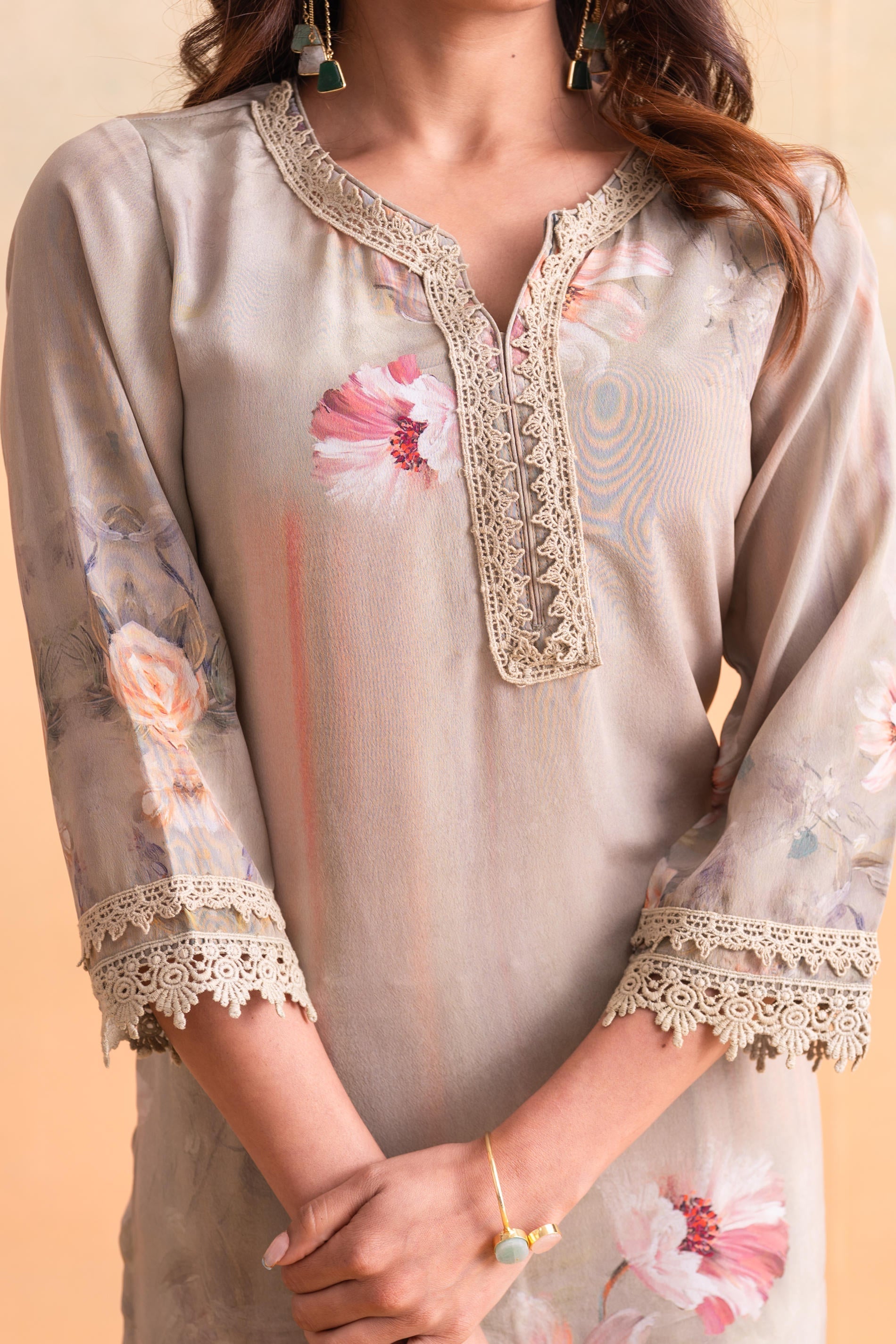 Juniper Beige Floral Embellished A-Line Kurta Pant And Dupatta Set With Beads & Sequence Work - Distacart