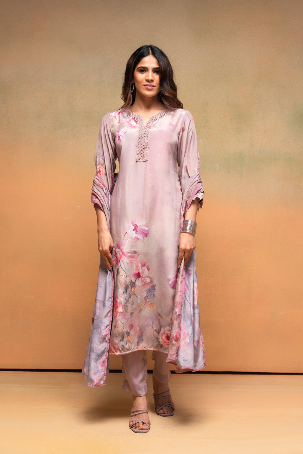 Juniper Pink Floral Embellished A-Line Kurta Pant And Dupatta Set With Beads & Sequence Work - Distacart