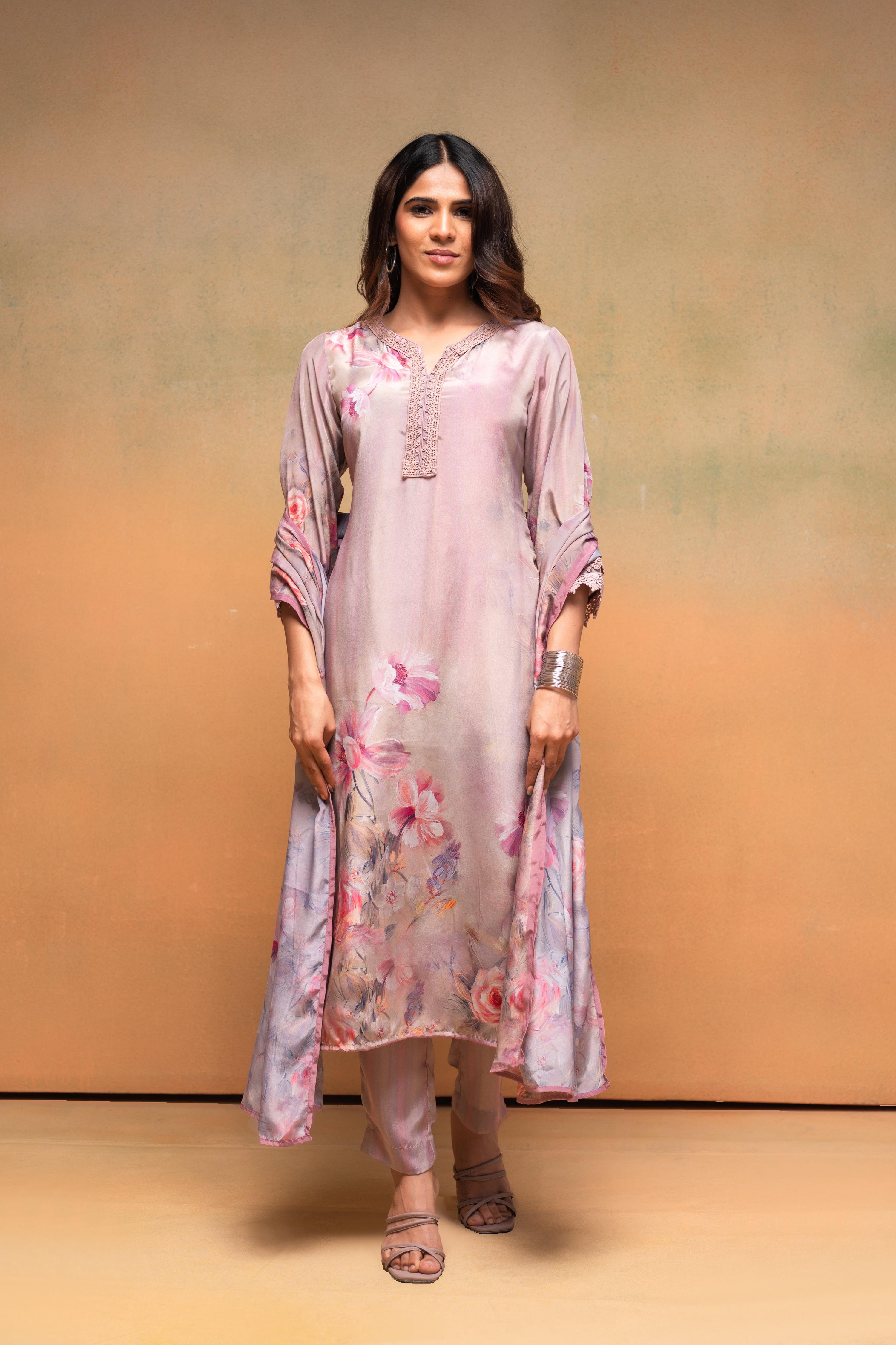 Juniper Pink Floral Embellished A-Line Kurta Pant And Dupatta Set With Beads & Sequence Work - Distacart