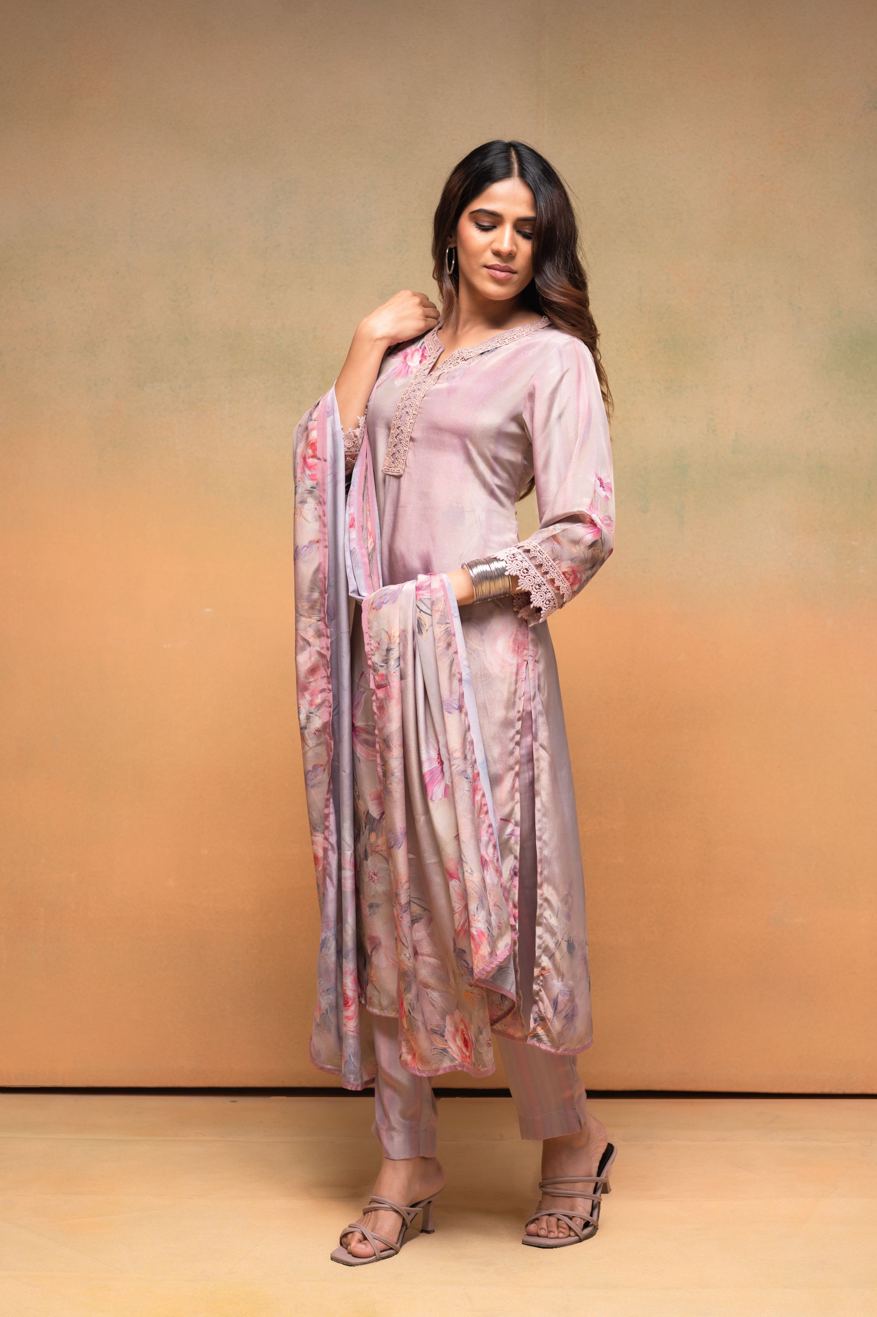 Juniper Pink Floral Embellished A-Line Kurta Pant And Dupatta Set With Beads & Sequence Work - Distacart