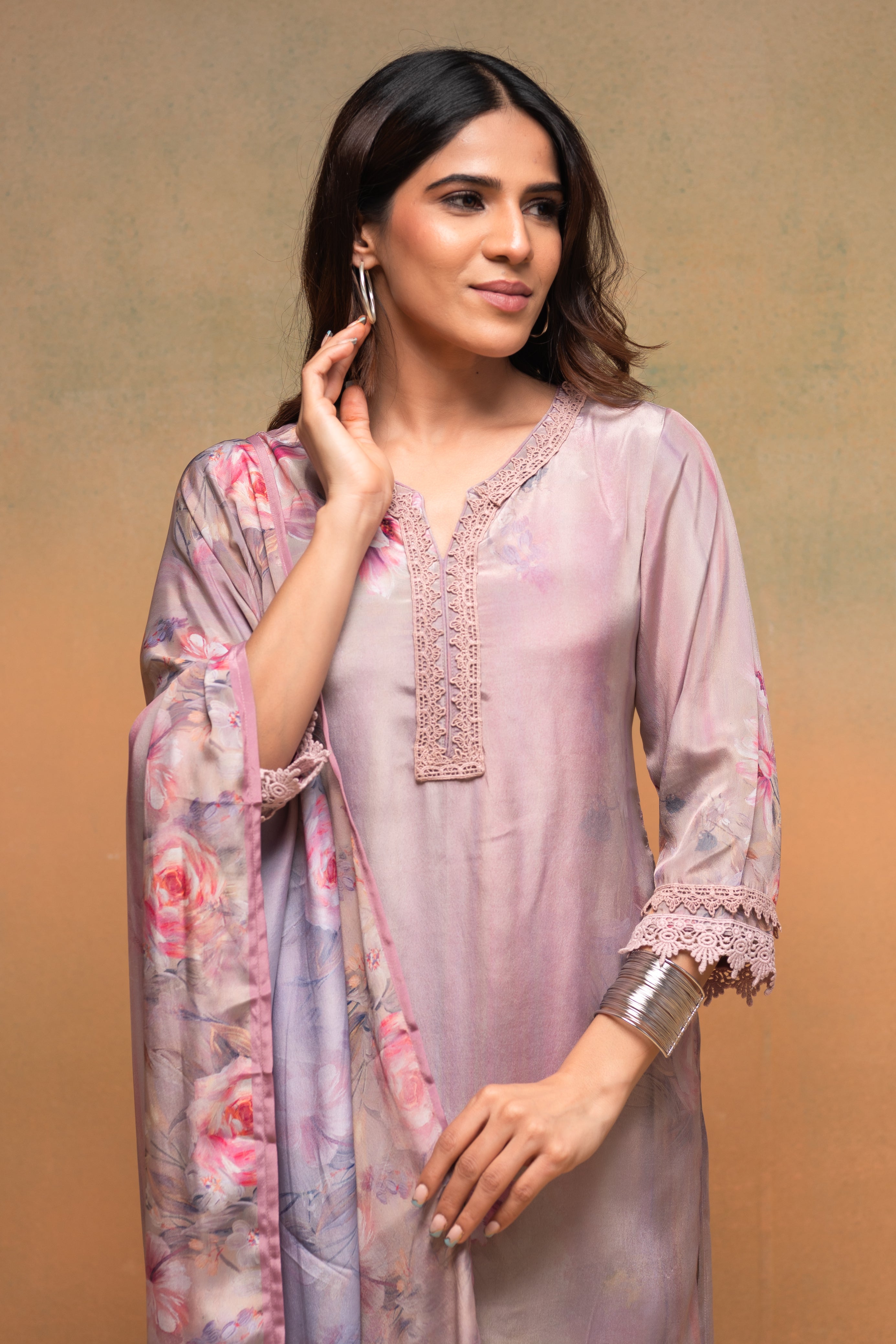 Juniper Pink Floral Embellished A-Line Kurta Pant And Dupatta Set With Beads & Sequence Work - Distacart