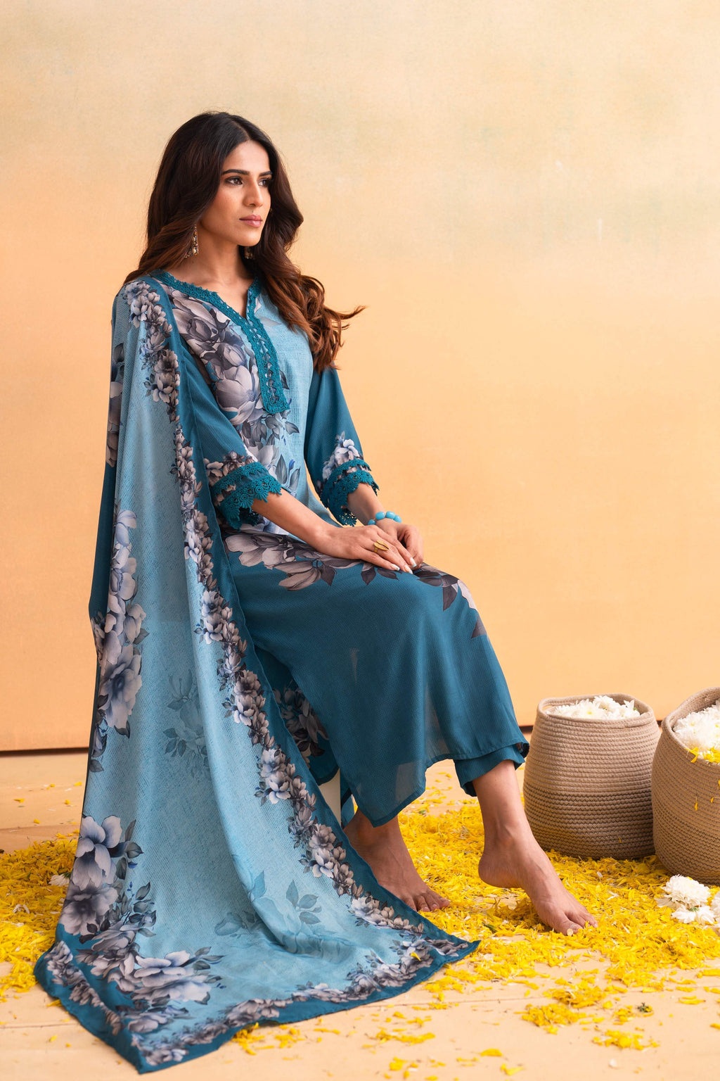 Juniper Blue Man Made Fiber Floral Printed Kurta With Pants & Dupatta Set With Lace Work - Distacart