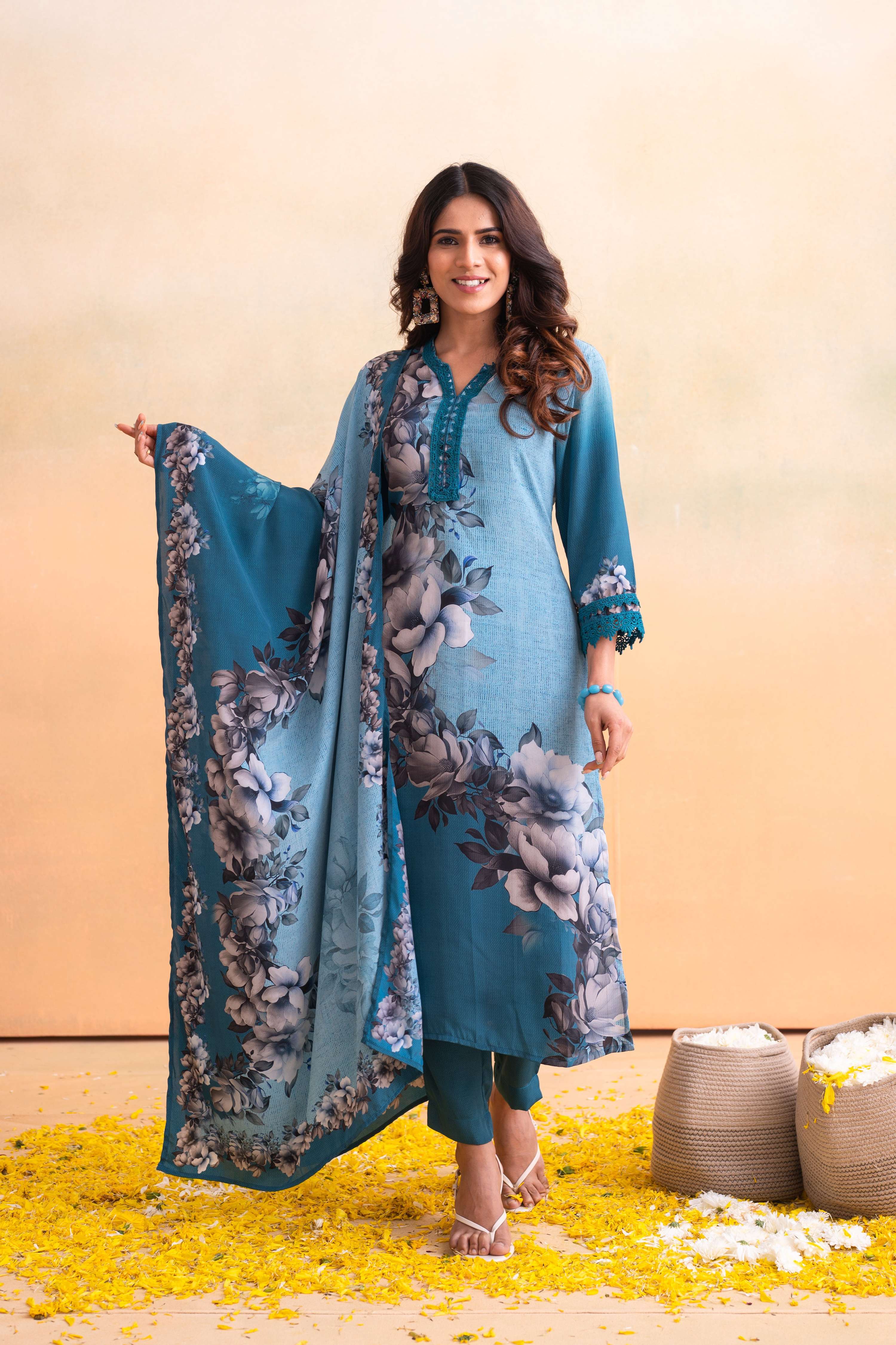 Juniper Blue Man Made Fiber Floral Printed Kurta With Pants & Dupatta Set With Lace Work - Distacart