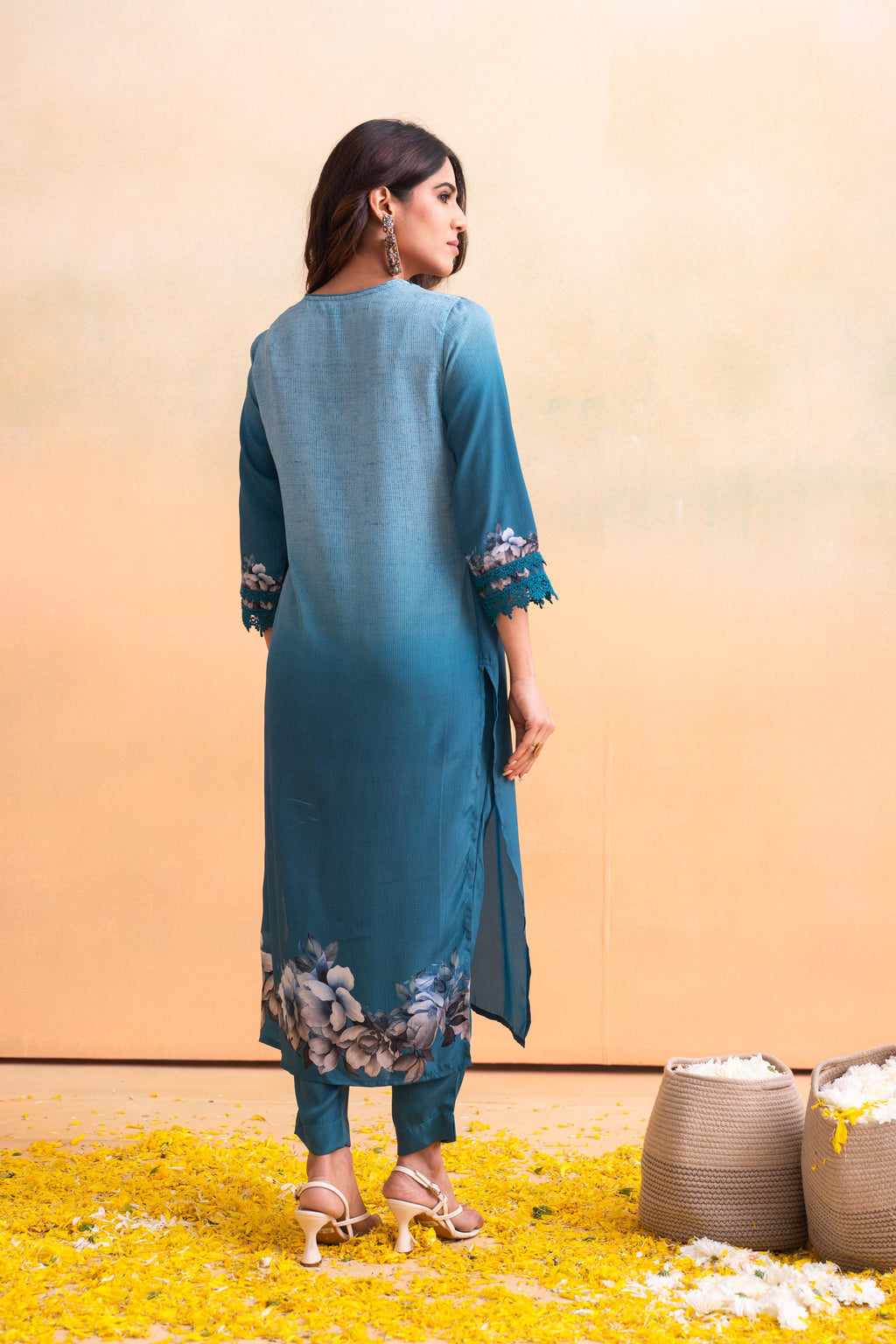 Juniper Blue Man Made Fiber Floral Printed Kurta With Pants & Dupatta Set With Lace Work - Distacart