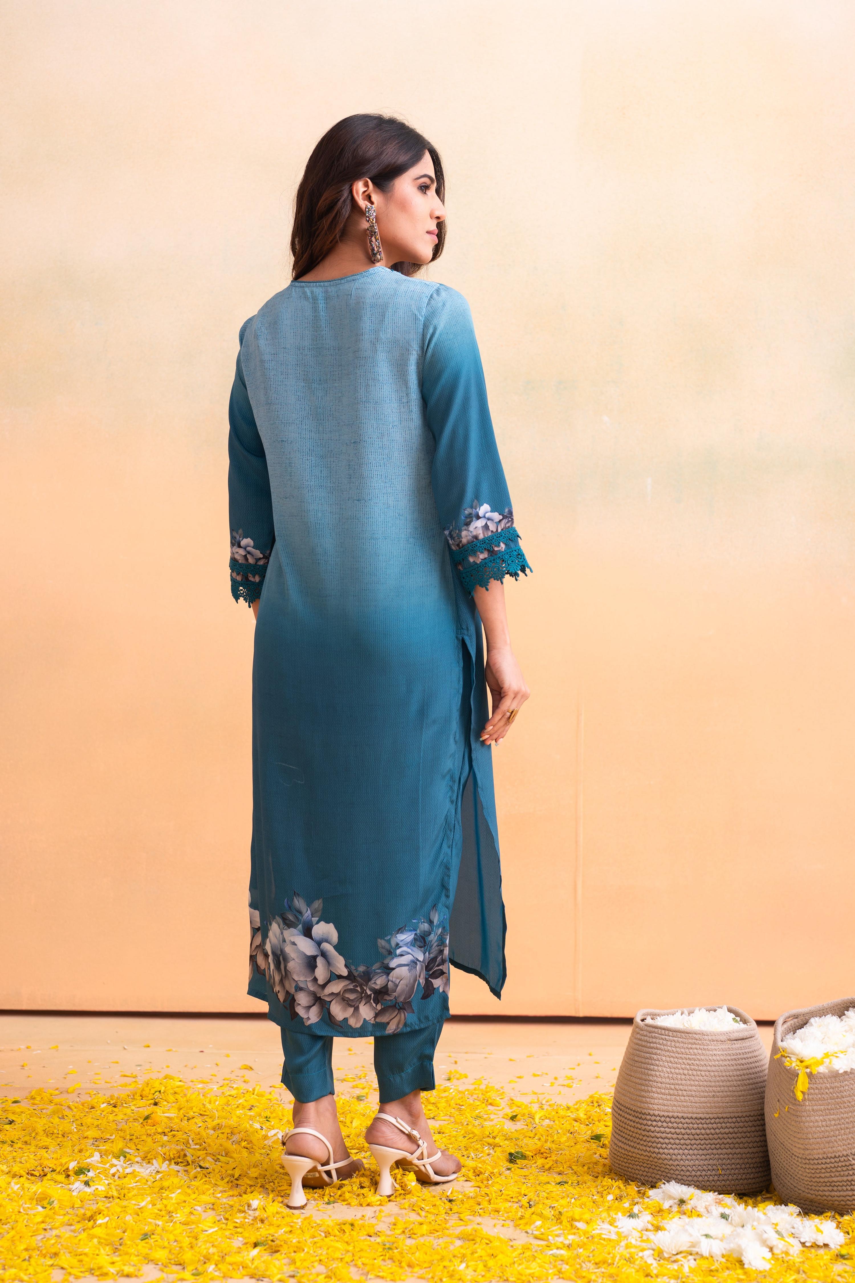 Juniper Blue Man Made Fiber Floral Printed Kurta With Pants & Dupatta Set With Lace Work - Distacart