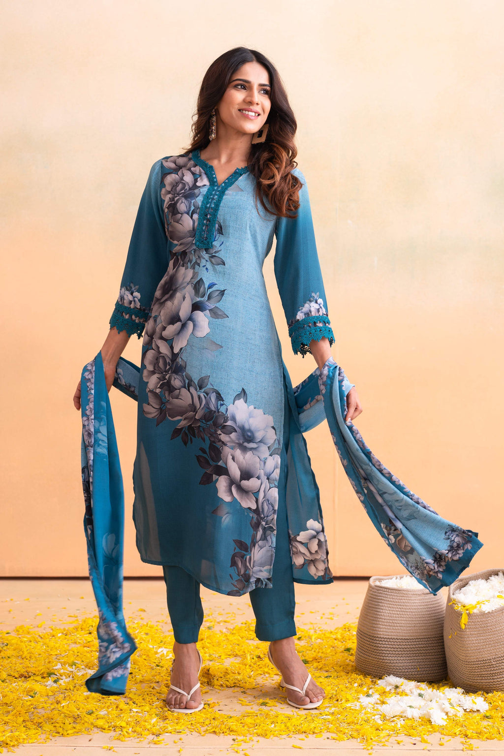 Juniper Blue Man Made Fiber Floral Printed Kurta With Pants & Dupatta Set With Lace Work - Distacart