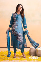 Juniper Blue Man Made Fiber Floral Printed Kurta With Pants & Dupatta Set With Lace Work - Distacart