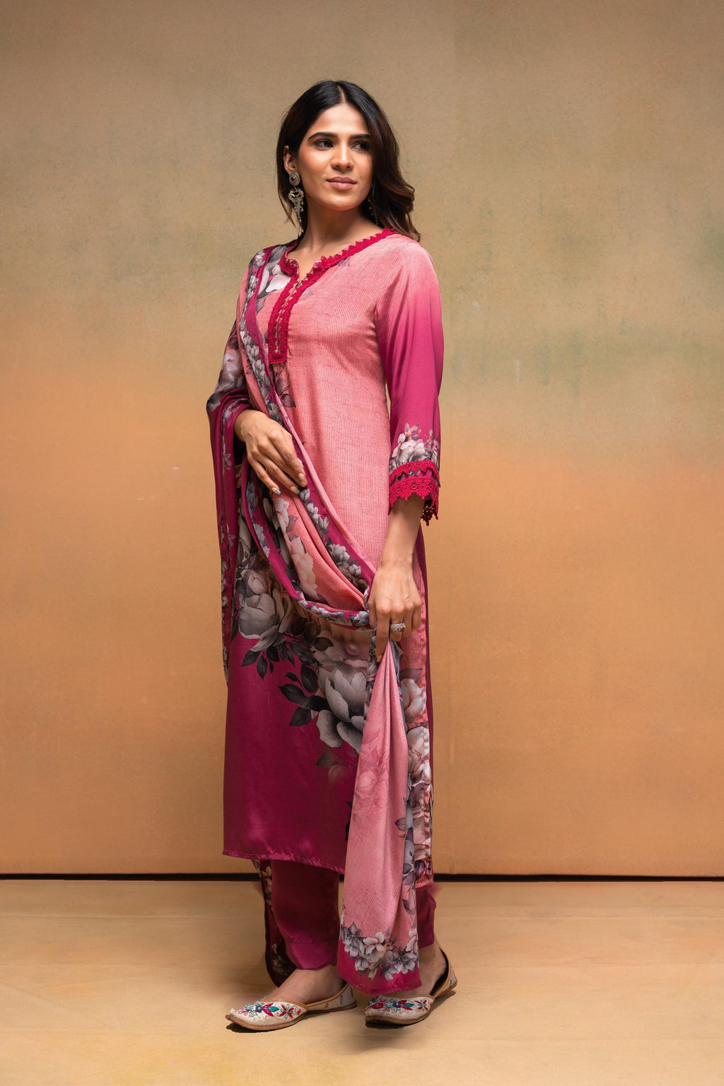 Juniper Magenta Man Made Fiber Floral Printed Kurta With Pants & Dupatta Set With Lace Work - Distacart