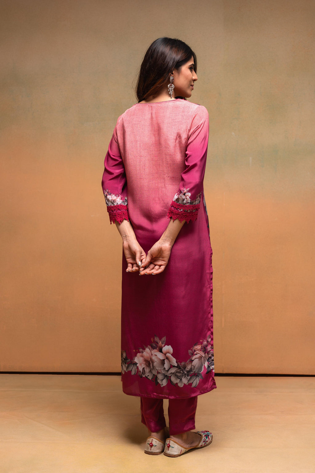 Juniper Magenta Man Made Fiber Floral Printed Kurta With Pants & Dupatta Set With Lace Work - Distacart