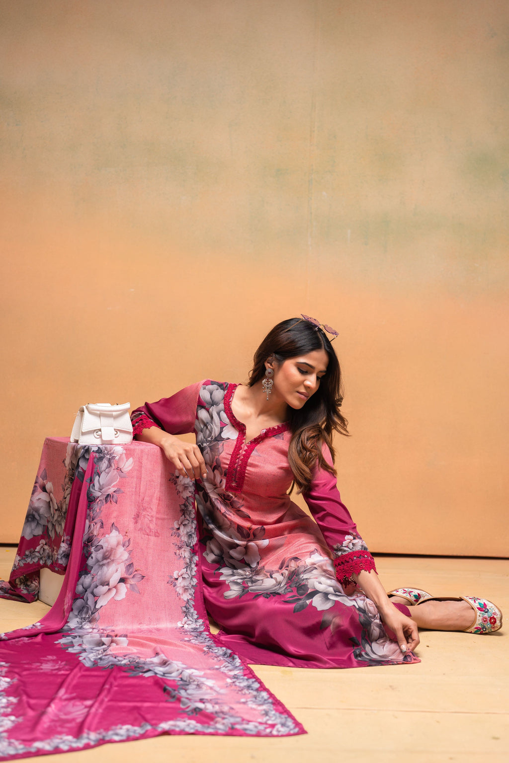 Juniper Magenta Man Made Fiber Floral Printed Kurta With Pants & Dupatta Set With Lace Work - Distacart