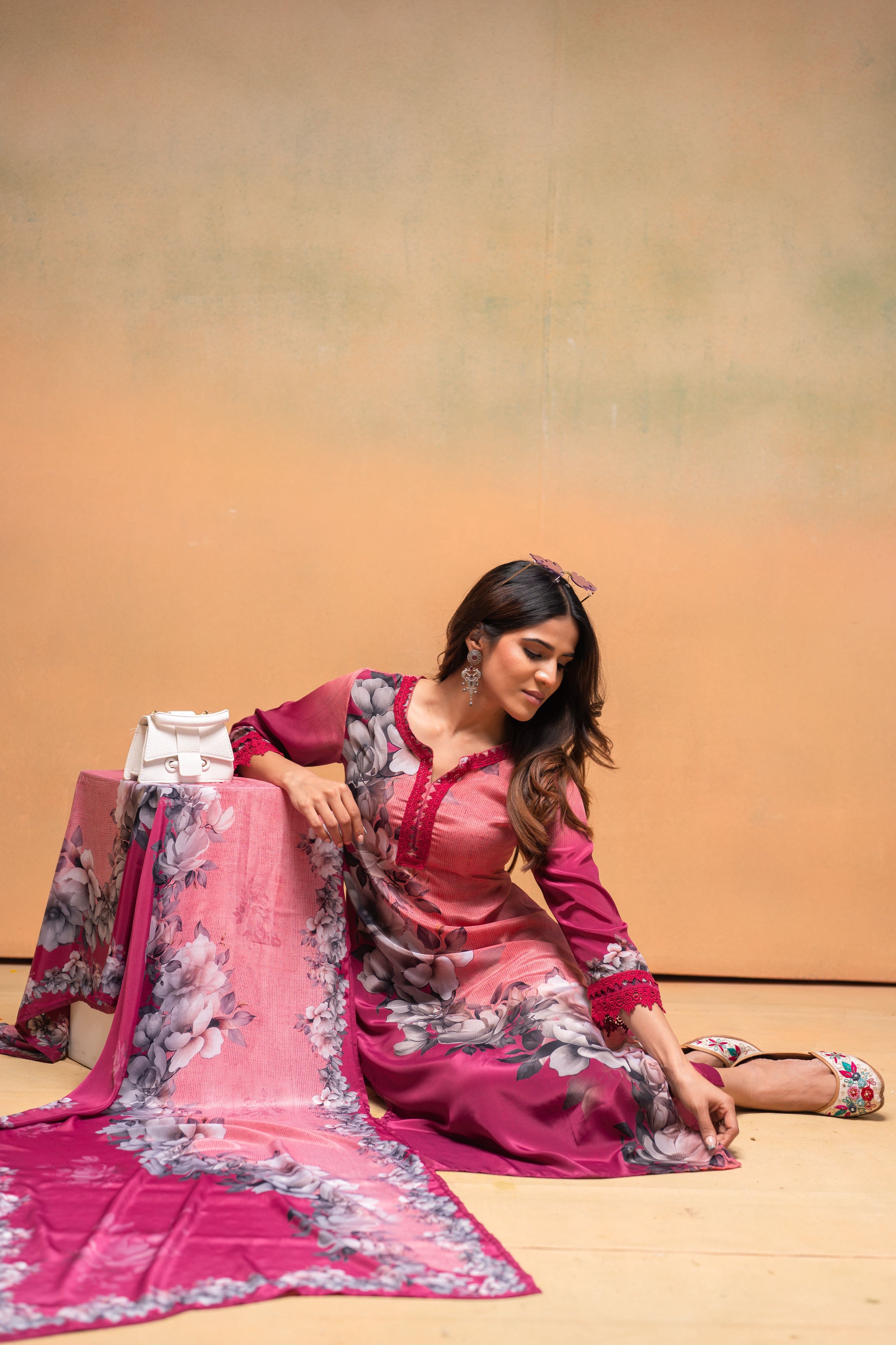 Juniper Magenta Man Made Fiber Floral Printed Kurta With Pants & Dupatta Set With Lace Work - Distacart
