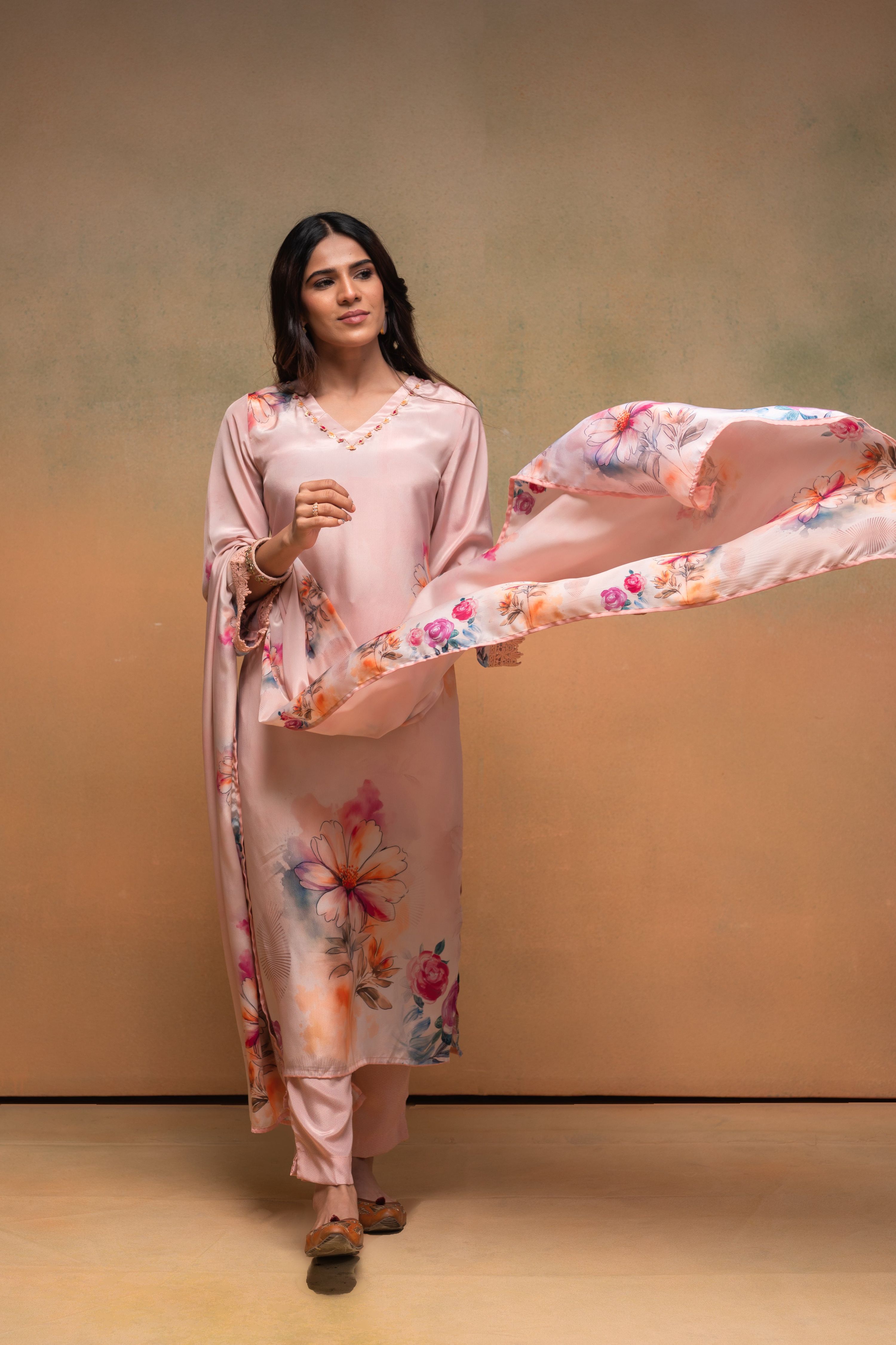 Juniper Peach Man Made Fiber Floral Printed Kurta With Pants & Dupatta Set With Sequence Work - Distacart