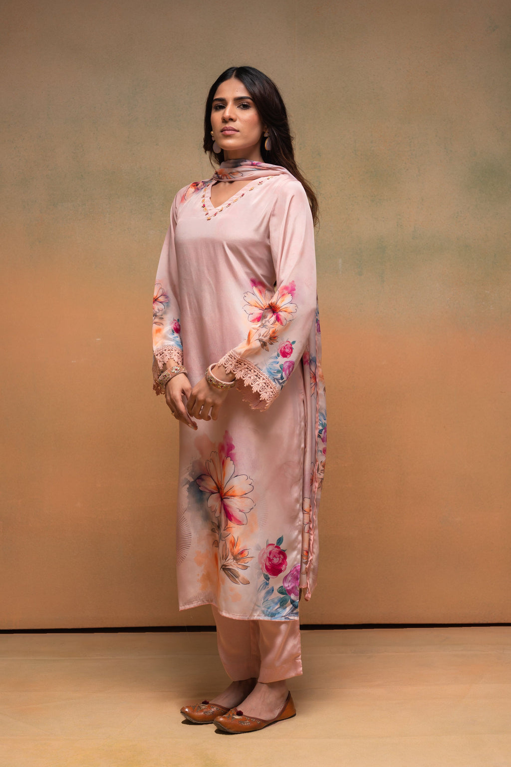 Juniper Peach Man Made Fiber Floral Printed Kurta With Pants & Dupatta Set With Sequence Work - Distacart