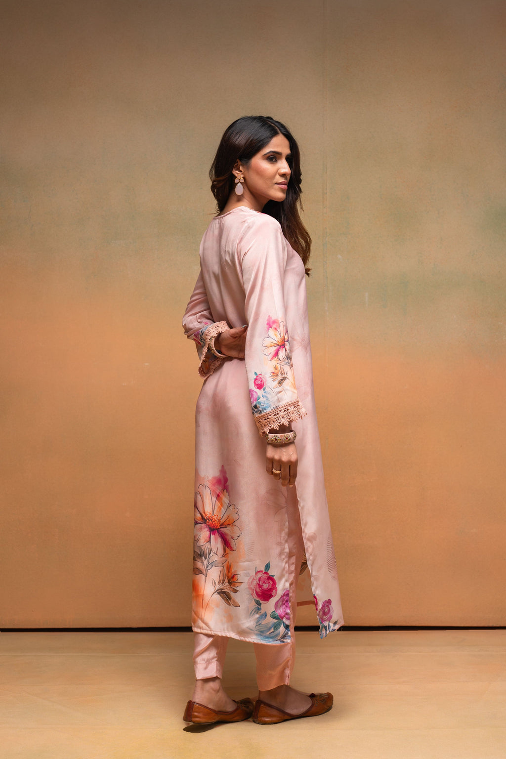 Juniper Peach Man Made Fiber Floral Printed Kurta With Pants & Dupatta Set With Sequence Work - Distacart