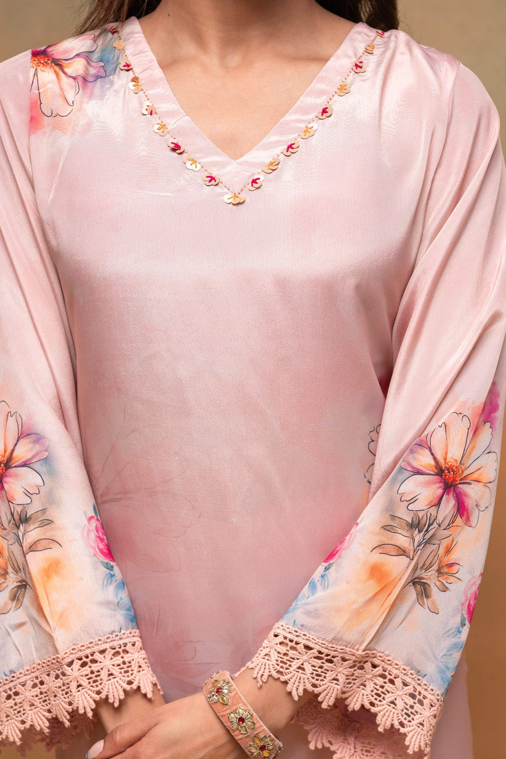 Juniper Peach Man Made Fiber Floral Printed Kurta With Pants & Dupatta Set With Sequence Work - Distacart