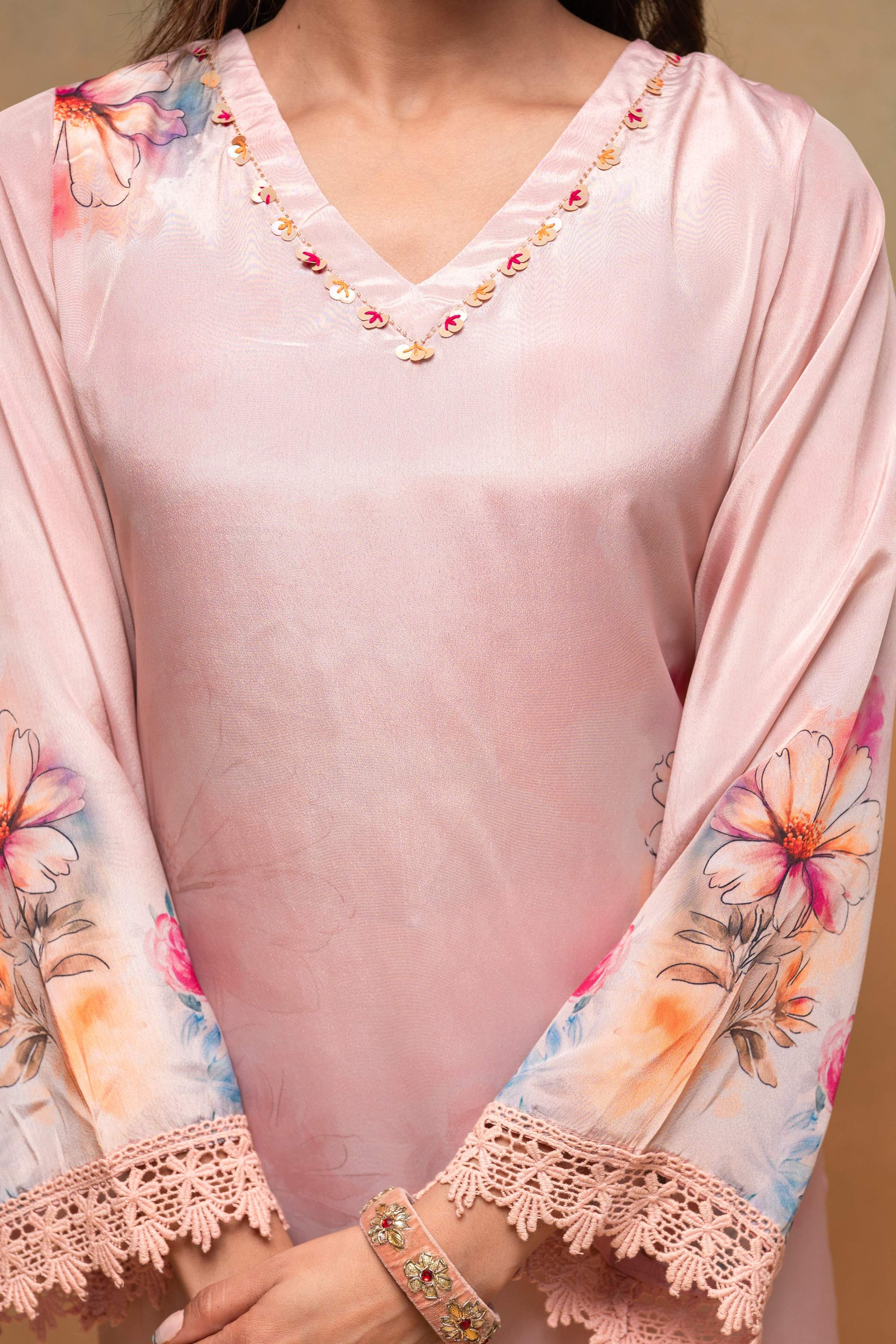 Juniper Peach Man Made Fiber Floral Printed Kurta With Pants & Dupatta Set With Sequence Work - Distacart