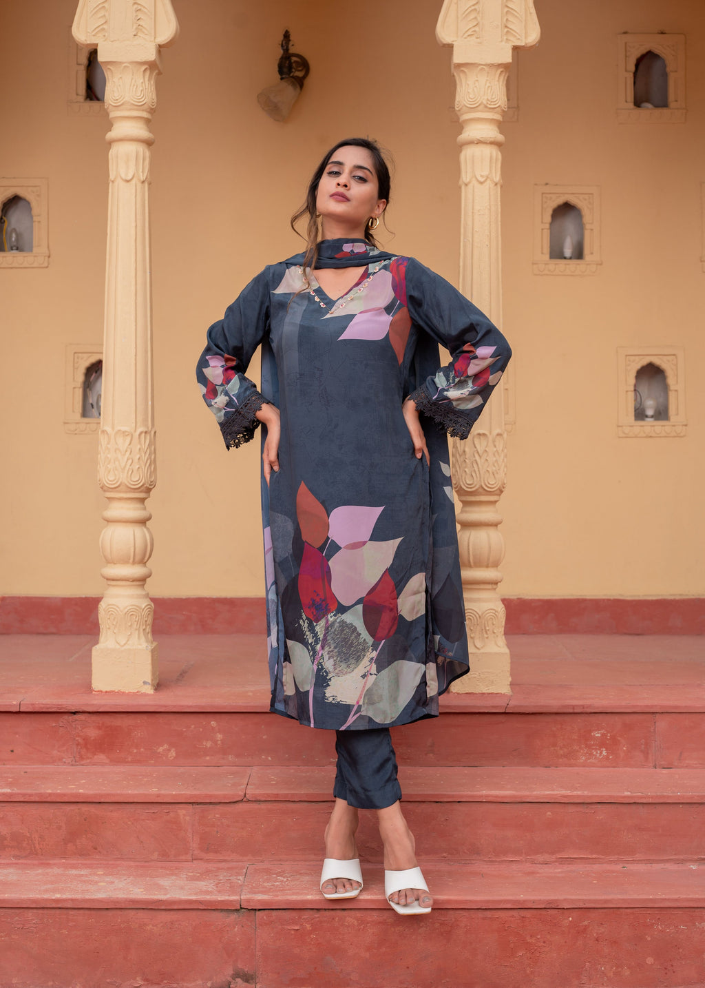 Juniper Navy Man Made Fiber Floral Printed Kurta With Pants & Dupatta Set With Sequence Work - Distacart
