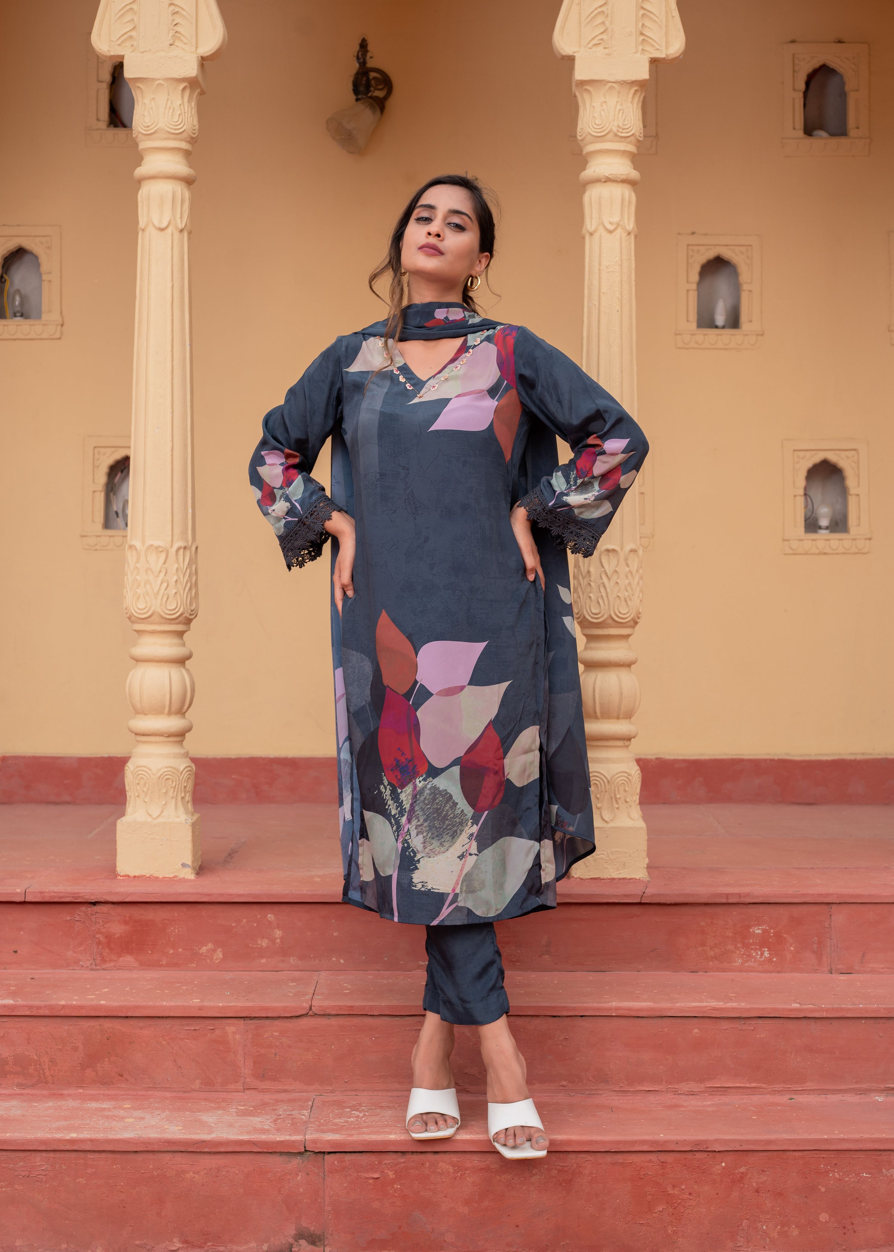 Juniper Navy Man Made Fiber Floral Printed Kurta With Pants & Dupatta Set With Sequence Work - Distacart