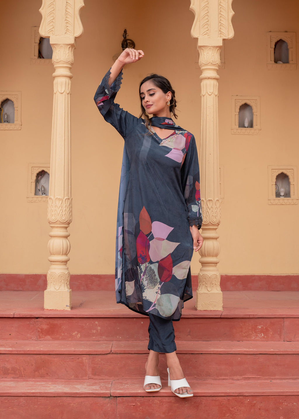 Juniper Navy Man Made Fiber Floral Printed Kurta With Pants & Dupatta Set With Sequence Work - Distacart