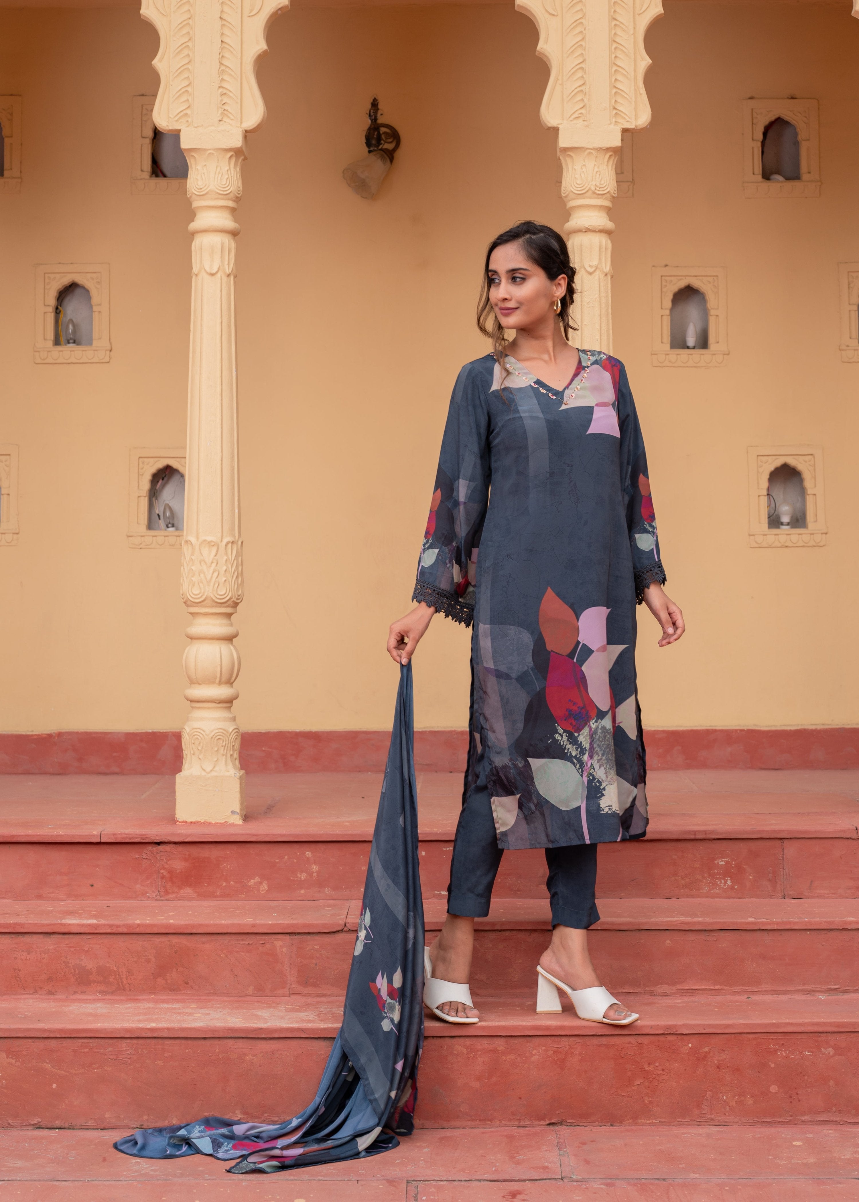 Juniper Navy Man Made Fiber Floral Printed Kurta With Pants & Dupatta Set With Sequence Work - Distacart