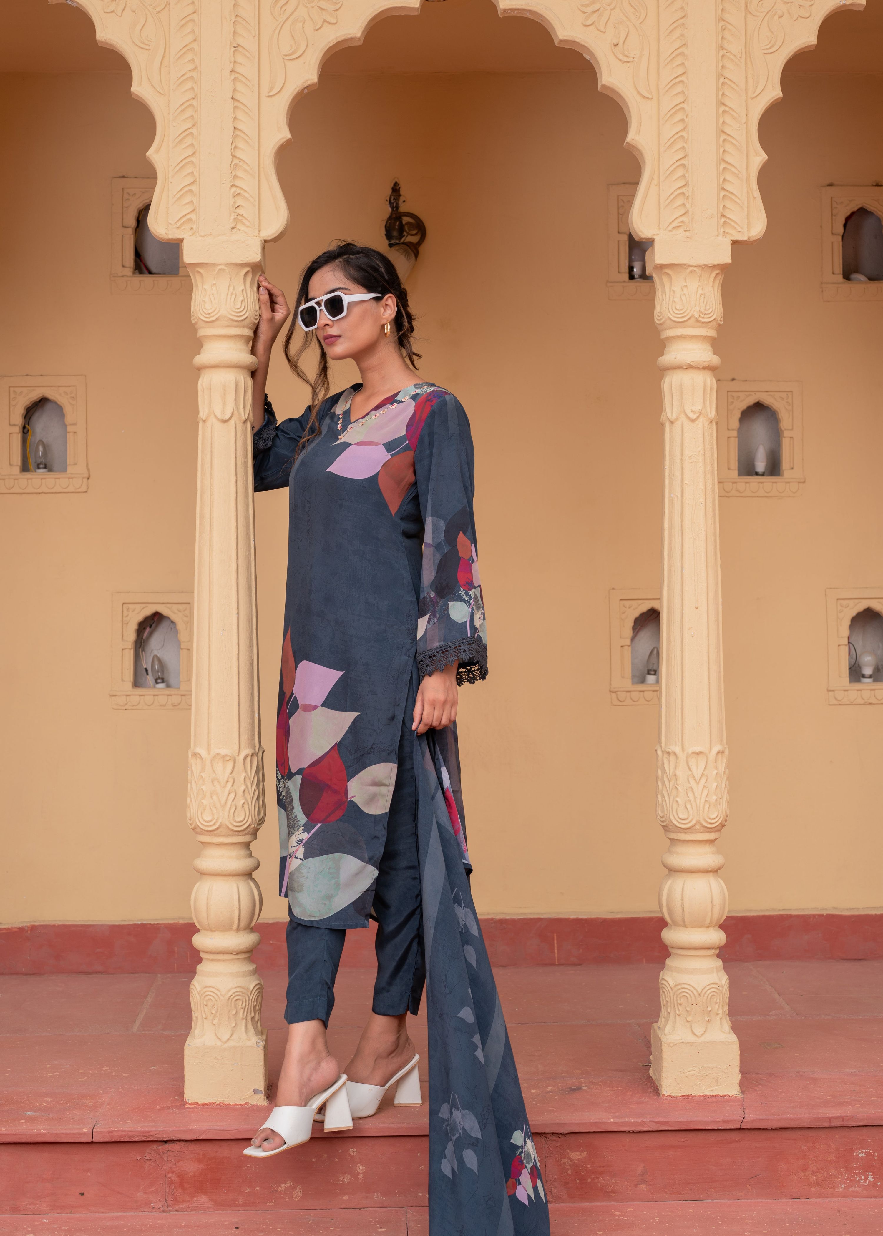 Juniper Navy Man Made Fiber Floral Printed Kurta With Pants & Dupatta Set With Sequence Work - Distacart