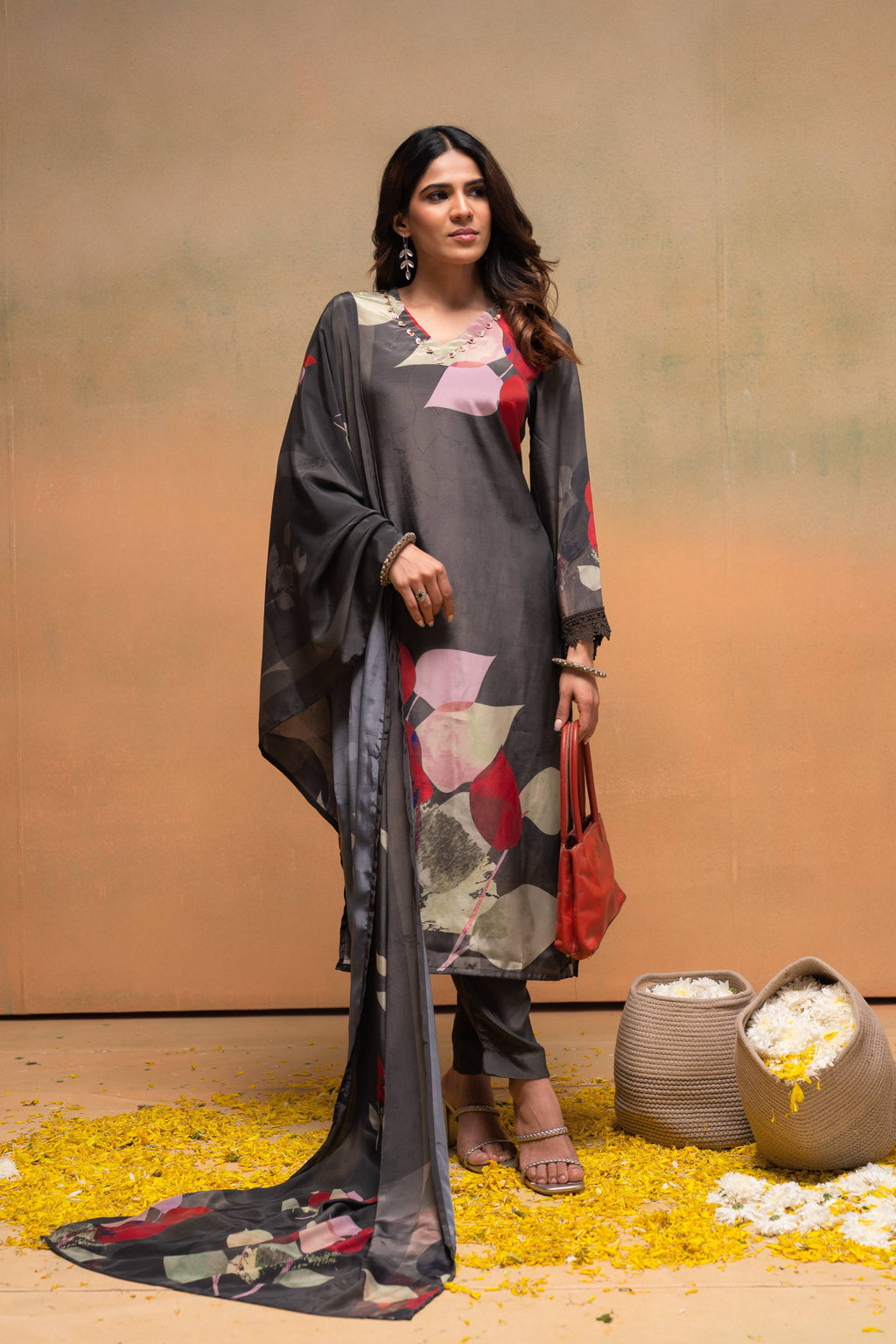 Juniper Olive Man Made Fiber Floral Printed Kurta With Pants & Dupatta Set With Sequence Work - Distacart