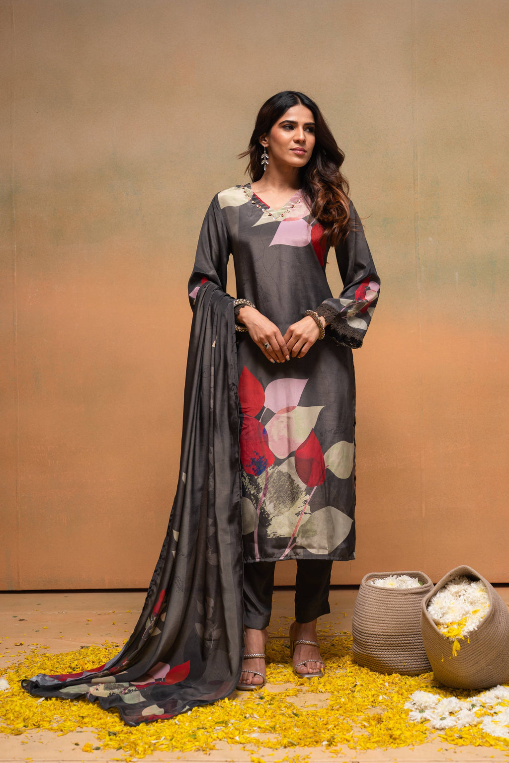 Juniper Olive Man Made Fiber Floral Printed Kurta With Pants & Dupatta Set With Sequence Work - Distacart