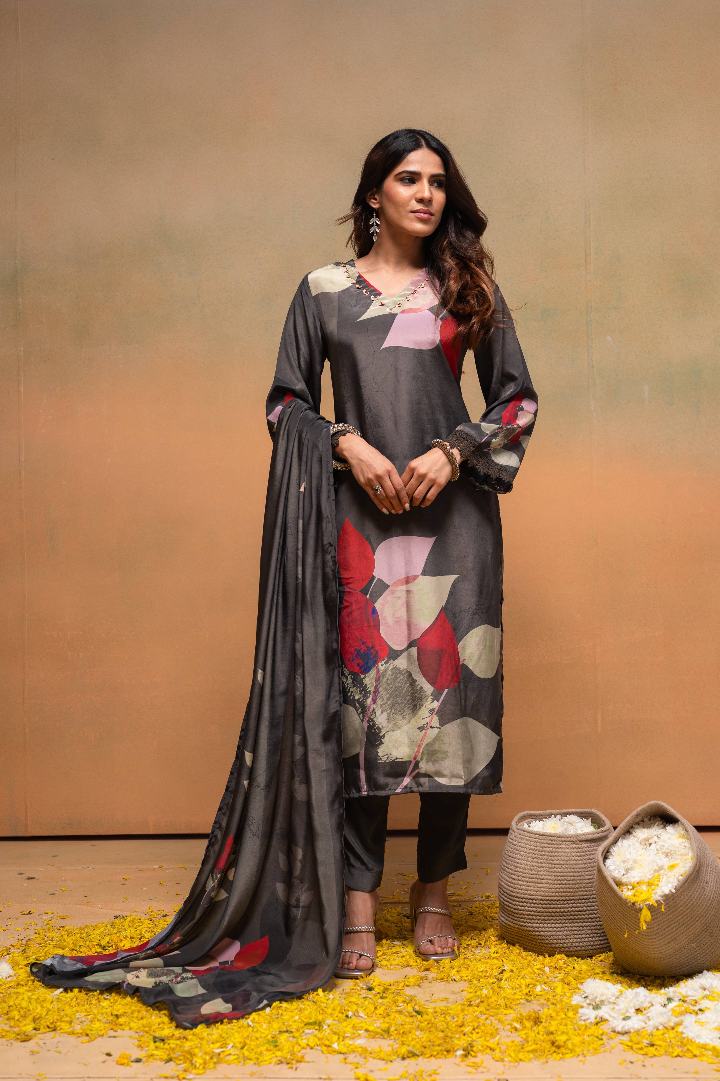 Juniper Olive Man Made Fiber Floral Printed Kurta With Pants & Dupatta Set With Sequence Work - Distacart
