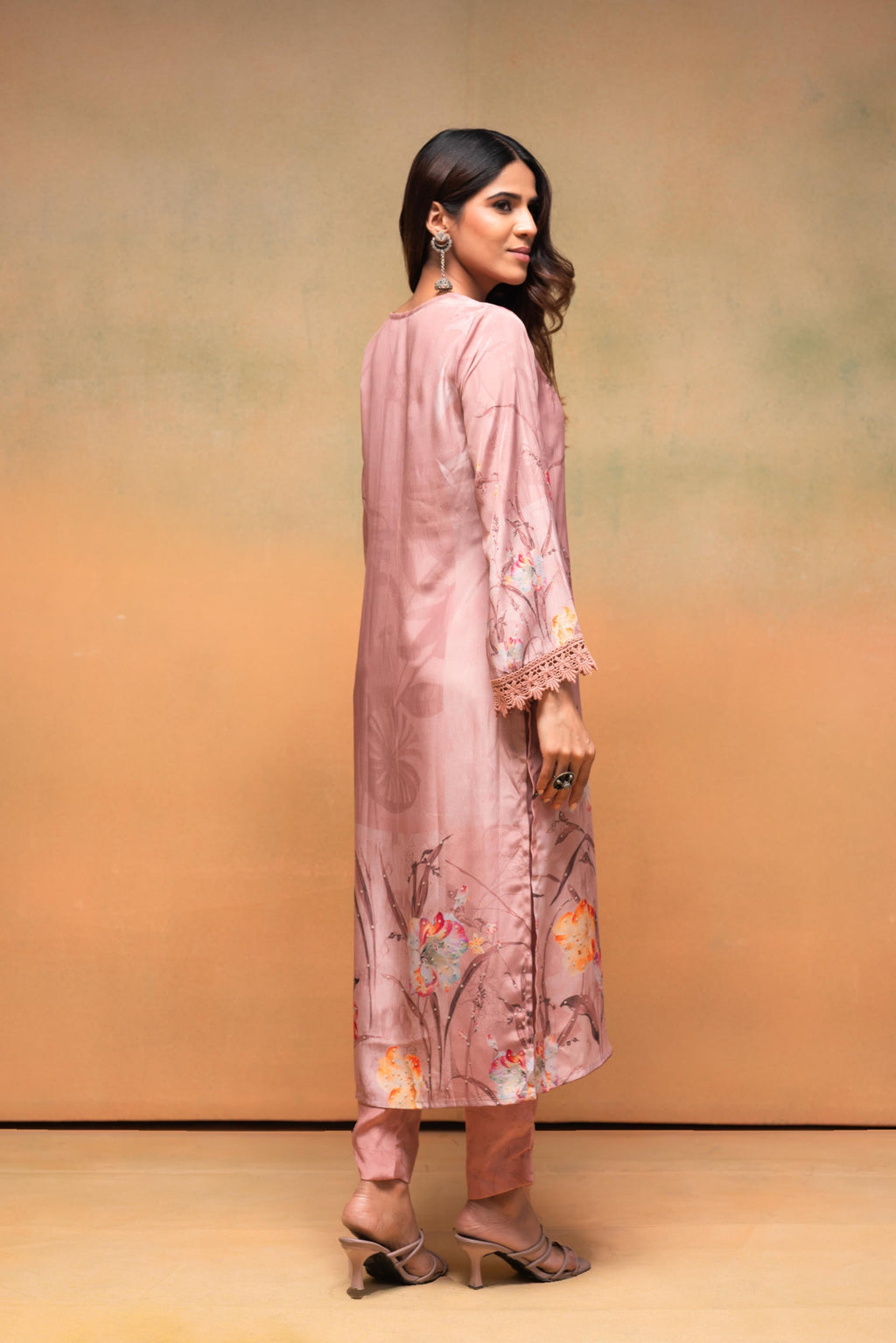 Juniper Peach Floral Embellished Straight Kurta Pant And Dupatta Set With Beads & Sequence Work - Distacart