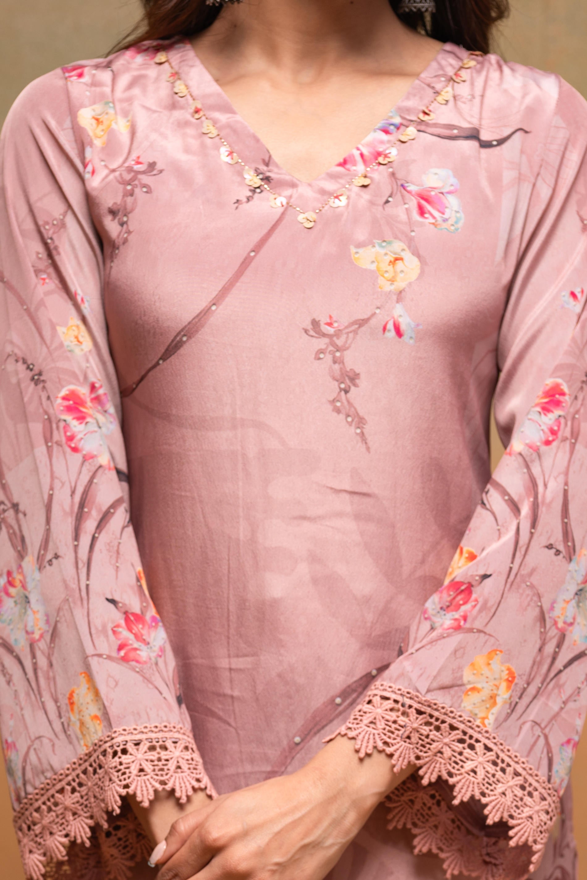 Juniper Peach Floral Embellished Straight Kurta Pant And Dupatta Set With Beads & Sequence Work - Distacart