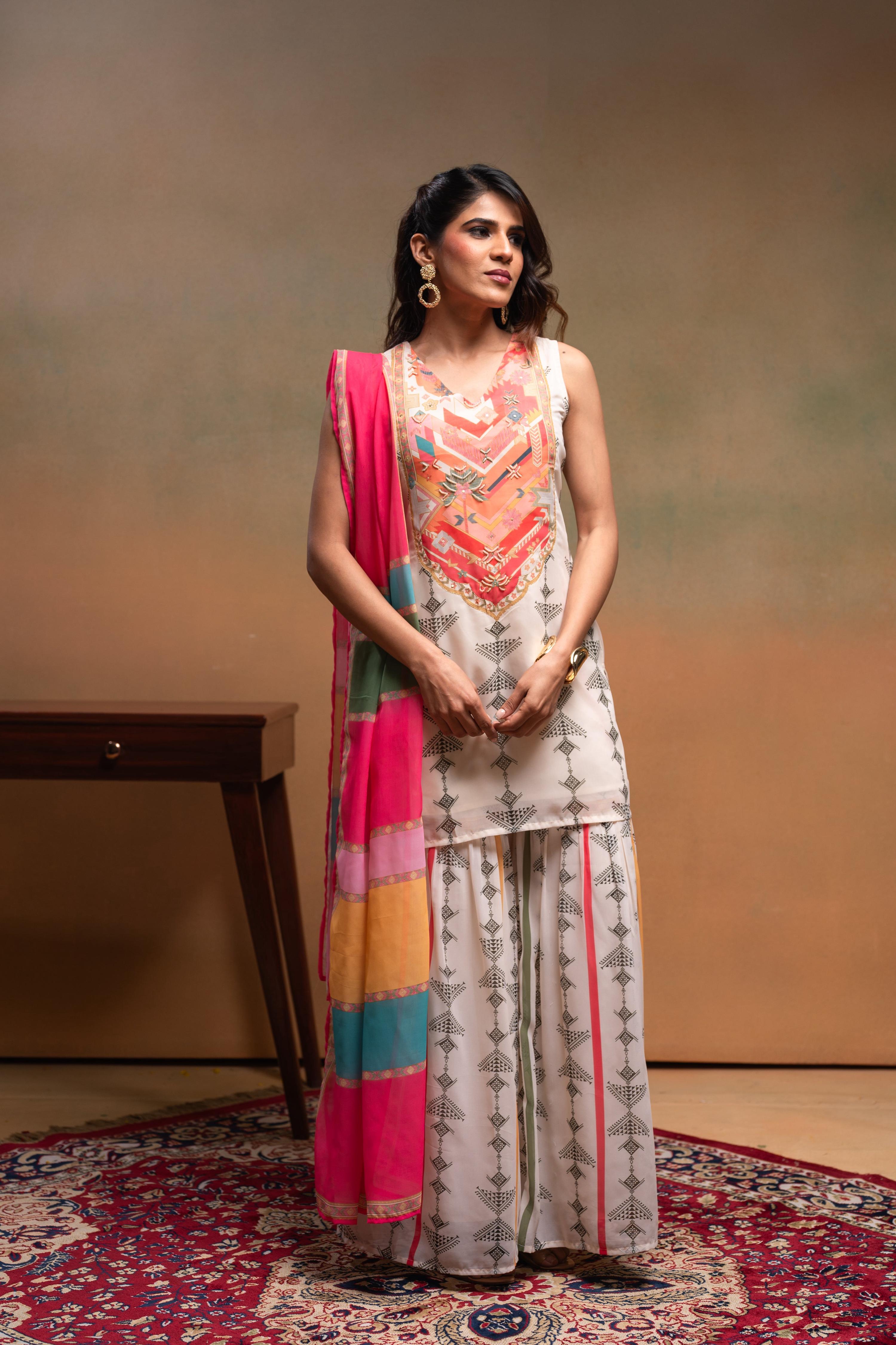 Juniper Ivory Man Made Fiber Floral Embellished Kurta With Sharara & Dupatta Set With Beads Work - Distacart