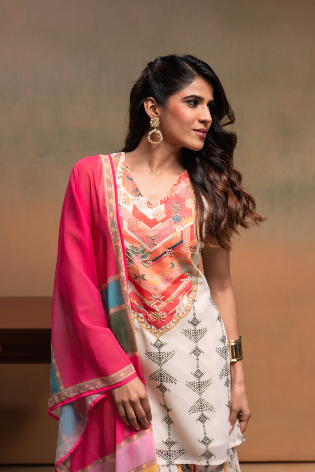 Juniper Ivory Man Made Fiber Floral Embellished Kurta With Sharara & Dupatta Set With Beads Work - Distacart