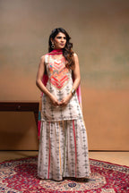 Juniper Ivory Man Made Fiber Floral Embellished Kurta With Sharara & Dupatta Set With Beads Work - Distacart